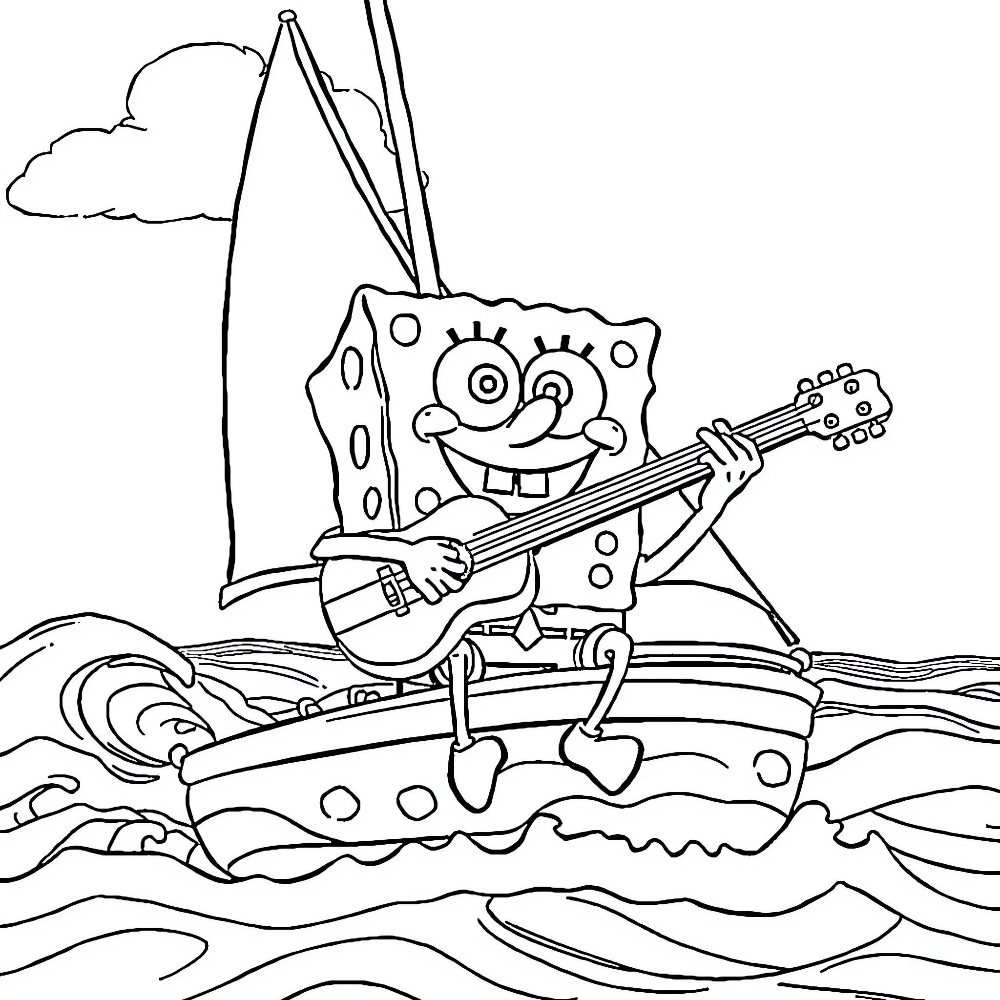 Spongebob playing guitar on a boat Coloring Page (free black-and-white line drawing printable PDF for all, from beginners to advanced learners, including children, teens, adults, and seniors)