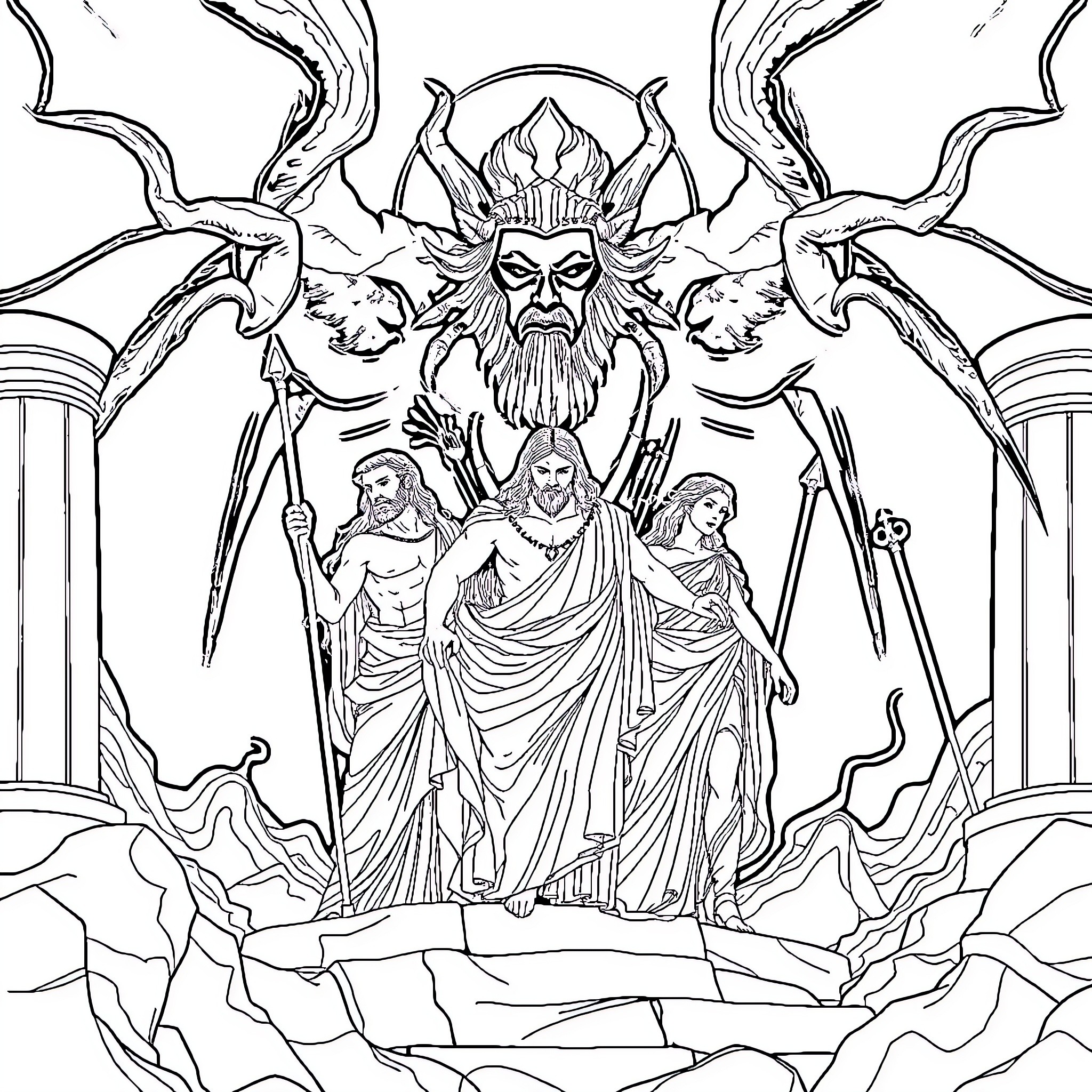 Dioses ruling over a mythical realm Coloring Page (free black-and-white line drawing printable PDF for all, from beginners to advanced learners, including children, teens, adults, and seniors)