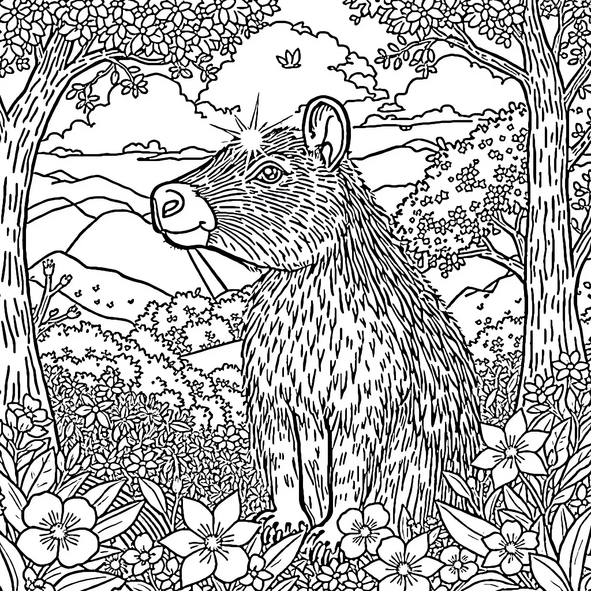 Capybara exploring the lush forest landscape Coloring Page (free black-and-white line drawing printable PDF for all, from beginners to advanced learners, including children, teens, adults, and seniors)