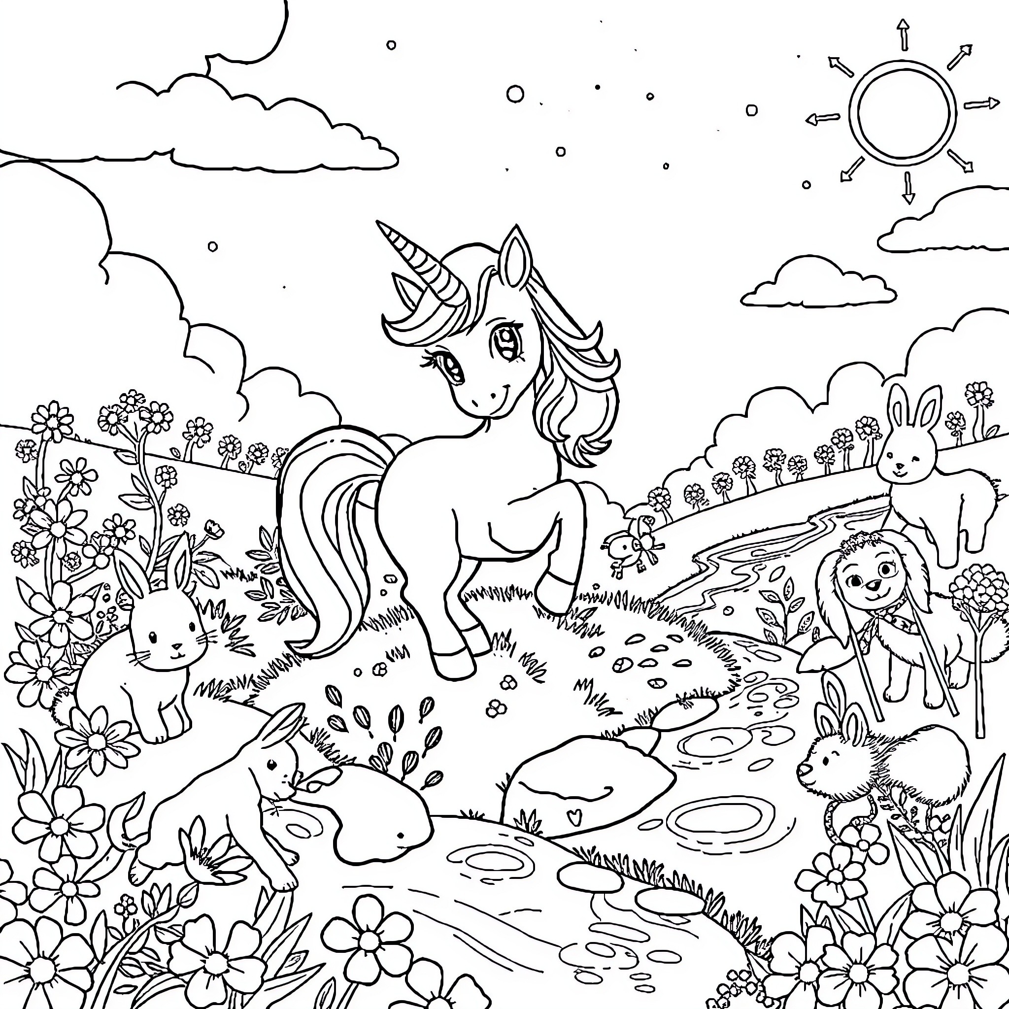 Unicorn enjoying a magical meadow with animal friends Coloring Page (free black-and-white line drawing printable PDF for all, from beginners to advanced learners, including children, teens, adults, and seniors)