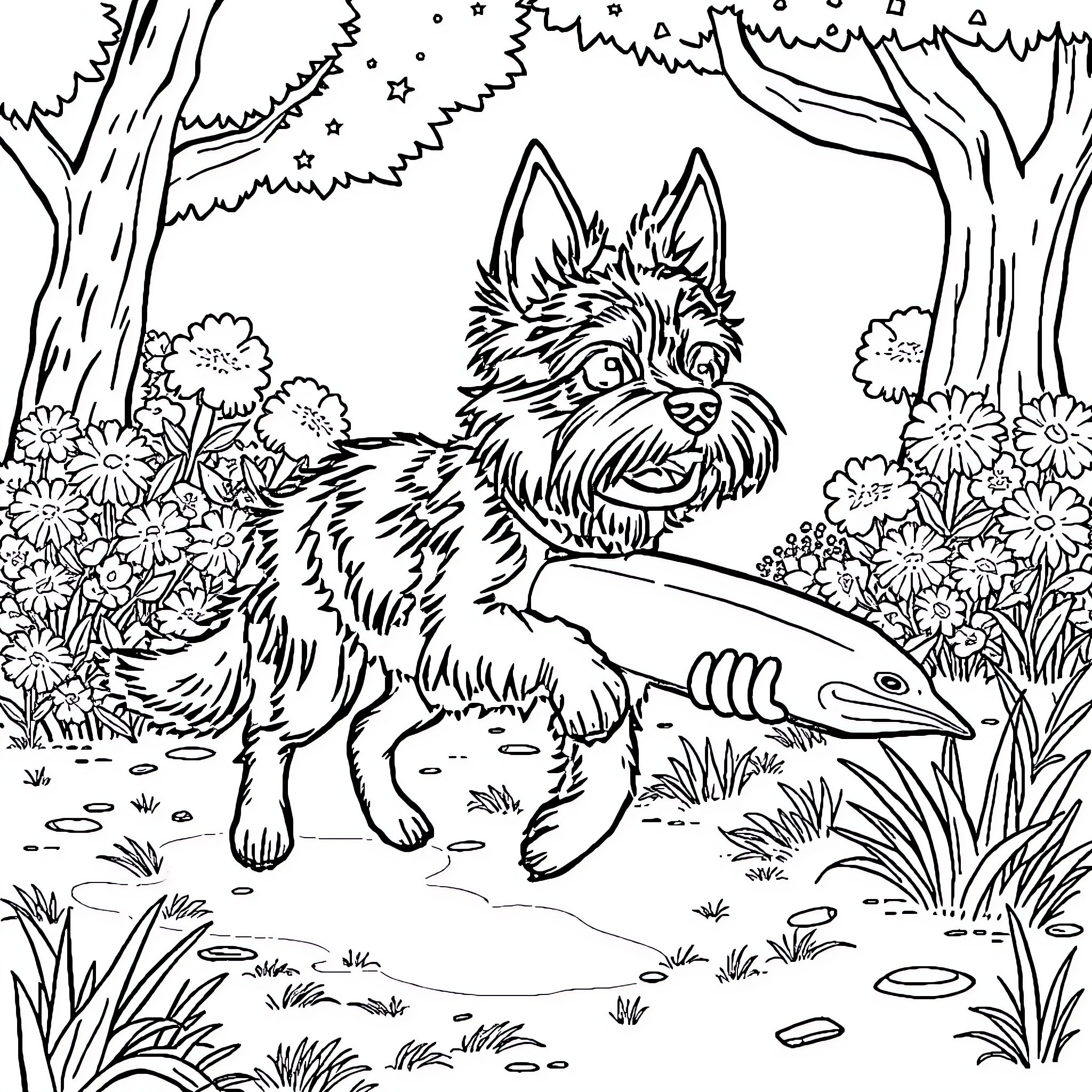 Dog playing with butterfly in the forest Coloring Page (free black-and-white line drawing printable PDF for all, from beginners to advanced learners, including children, teens, adults, and seniors)