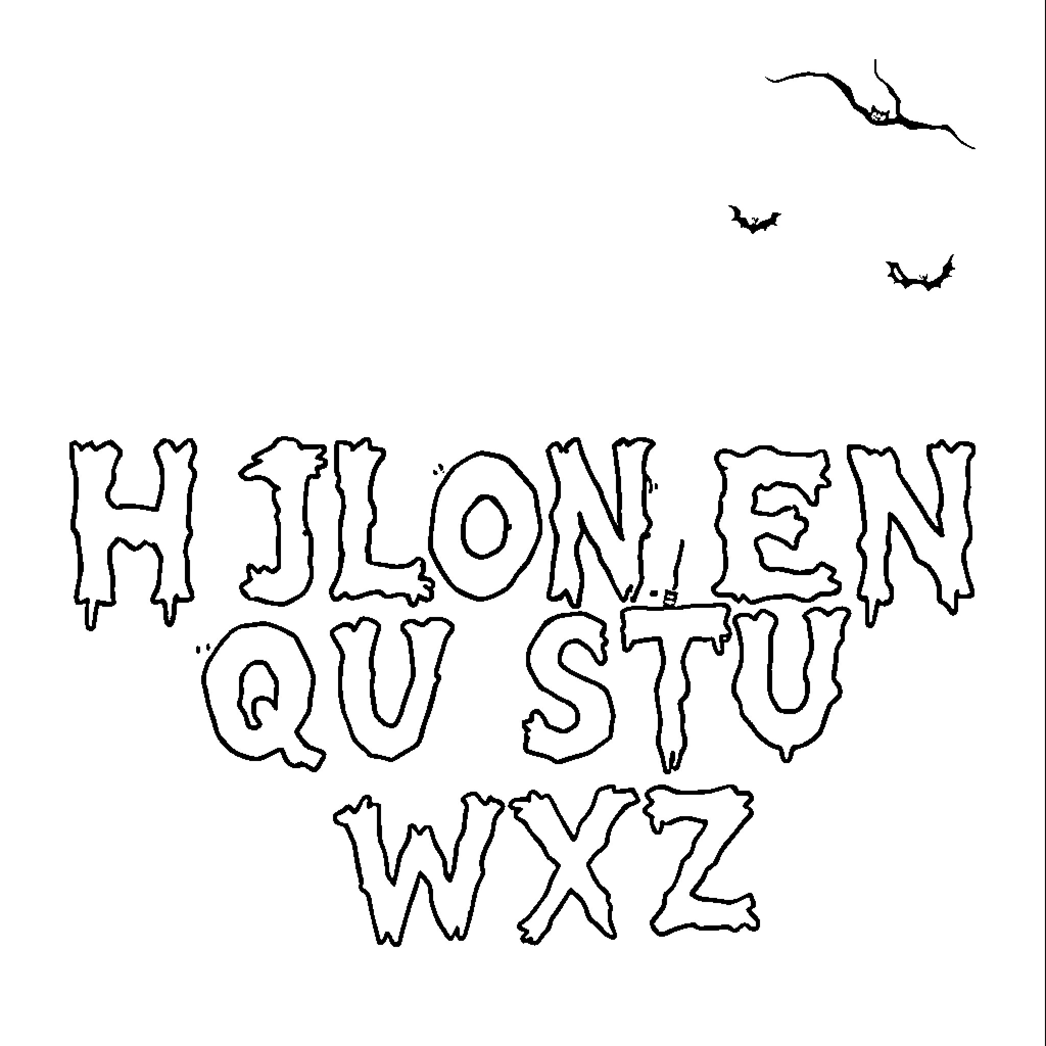 Alphabet of Creepy Lettering with Bats Coloring Page (free black-and-white line drawing printable PDF for all, from beginners to advanced learners, including children, teens, adults, and seniors)