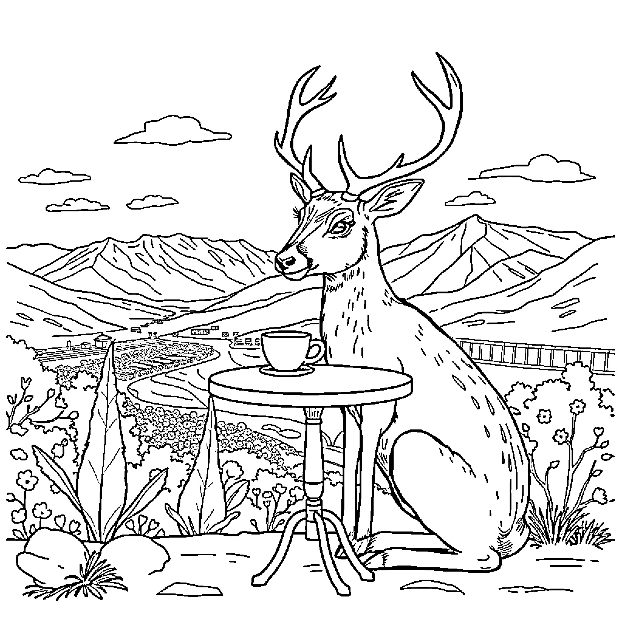 Deer enjoying a scenic mountain landscape Coloring Page (free black-and-white line drawing printable PDF for all, from beginners to advanced learners, including children, teens, adults, and seniors)