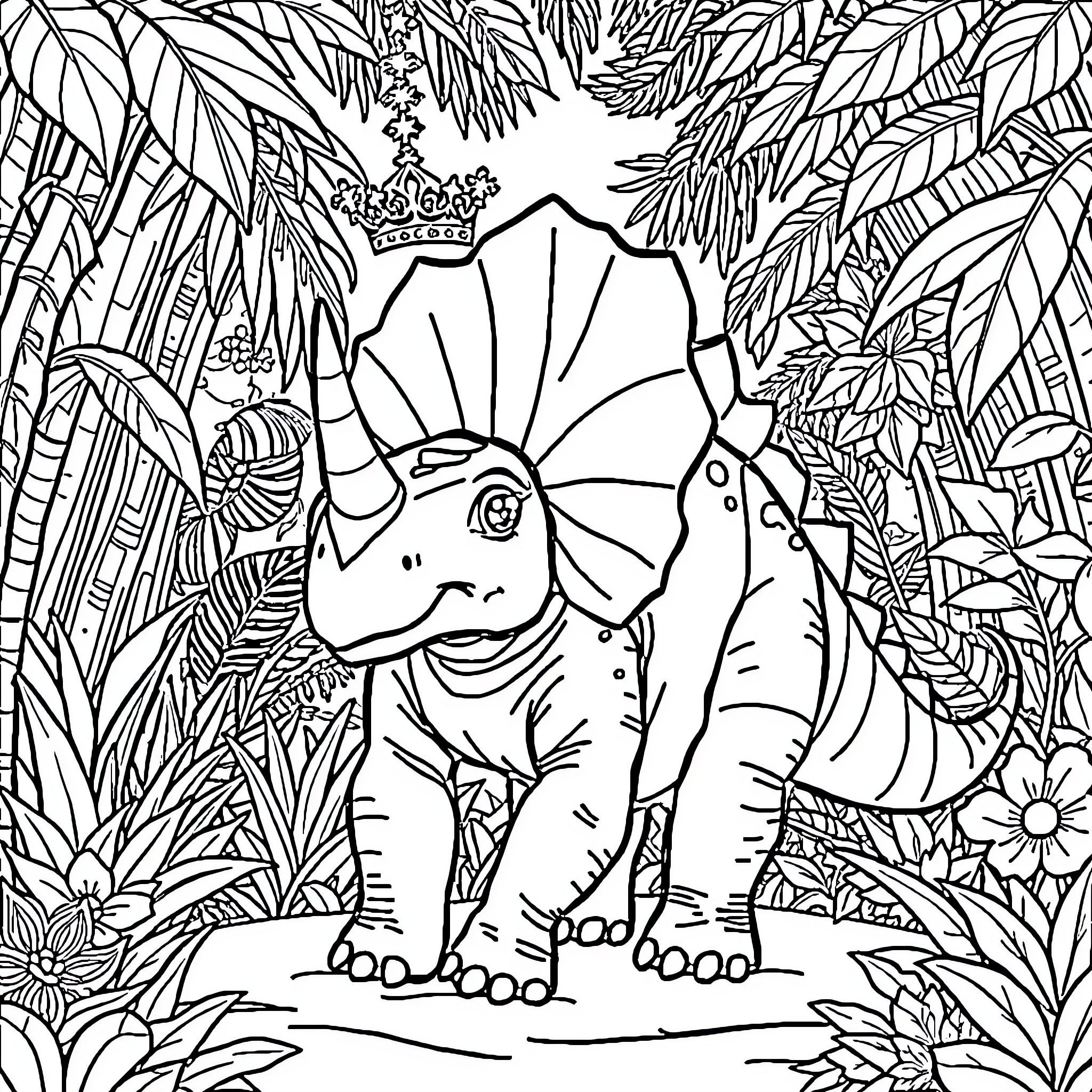 Triceratops exploring the lush jungle Coloring Page (free black-and-white line drawing printable PDF for all, from beginners to advanced learners, including children, teens, adults, and seniors)