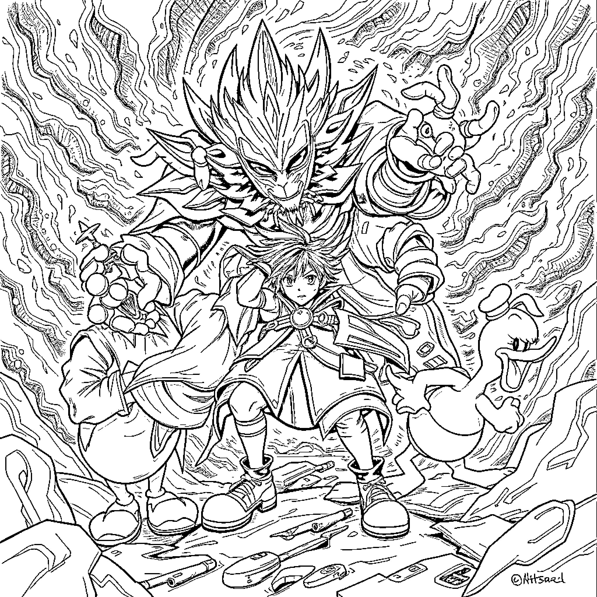 Sora's Fiery Encounter with Fantastical Creatures Coloring Page (free black-and-white line drawing printable PDF for all, from beginners to advanced learners, including children, teens, adults, and seniors)