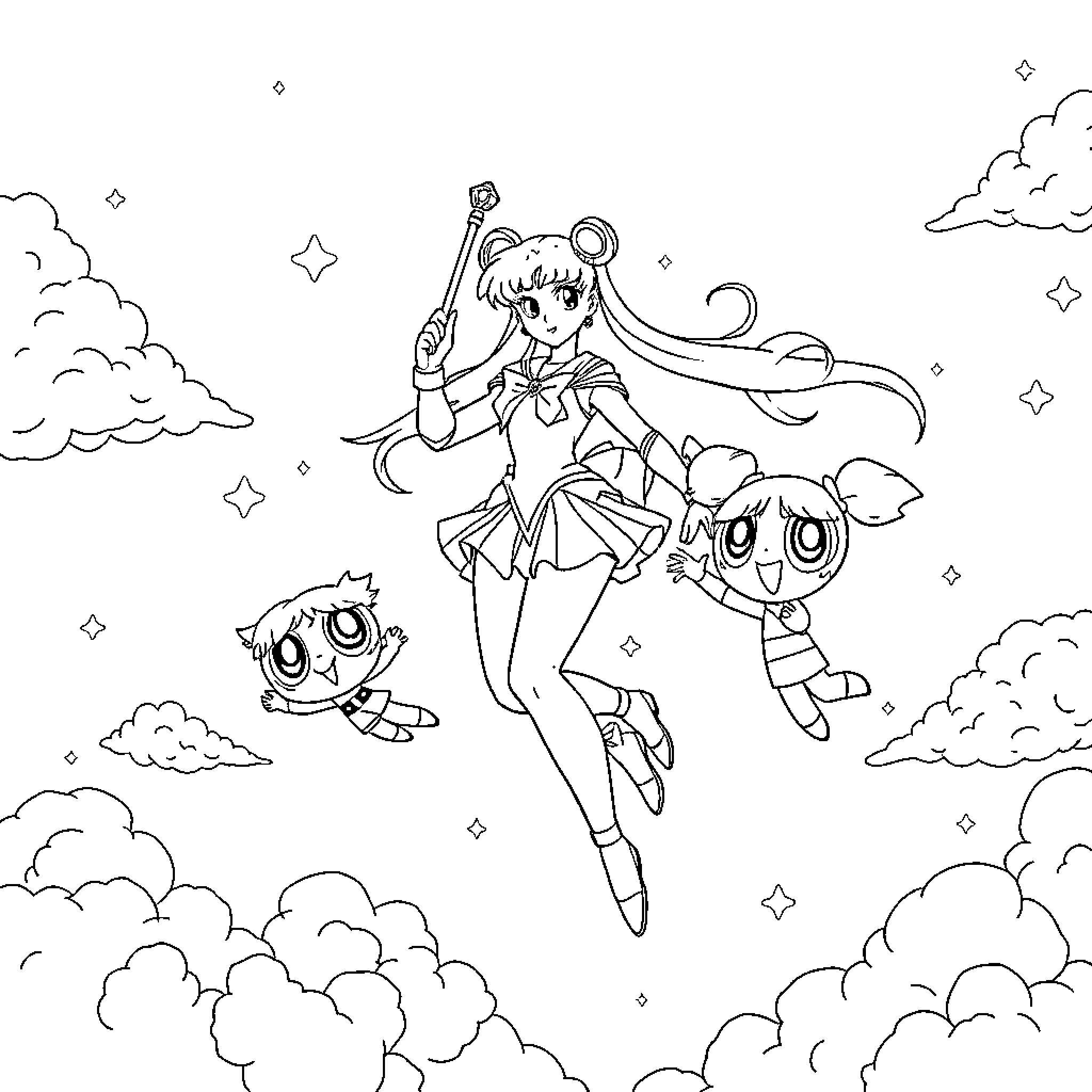 Sailor Moon and her Guardians soar through the sky Coloring Page (free black-and-white line drawing printable PDF for all, from beginners to advanced learners, including children, teens, adults, and seniors)