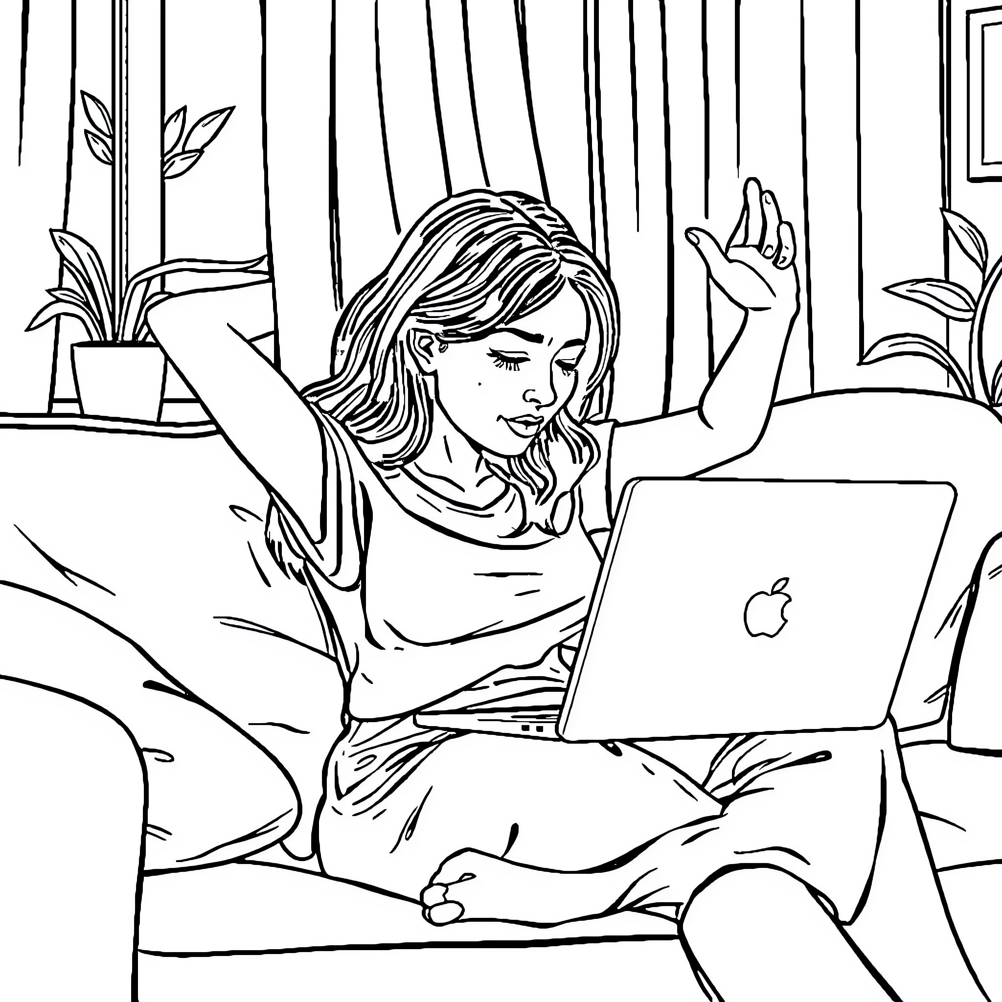 Wife relaxing peacefully with laptop at home Coloring Page (free black-and-white line drawing printable PDF for all, from beginners to advanced learners, including children, teens, adults, and seniors)