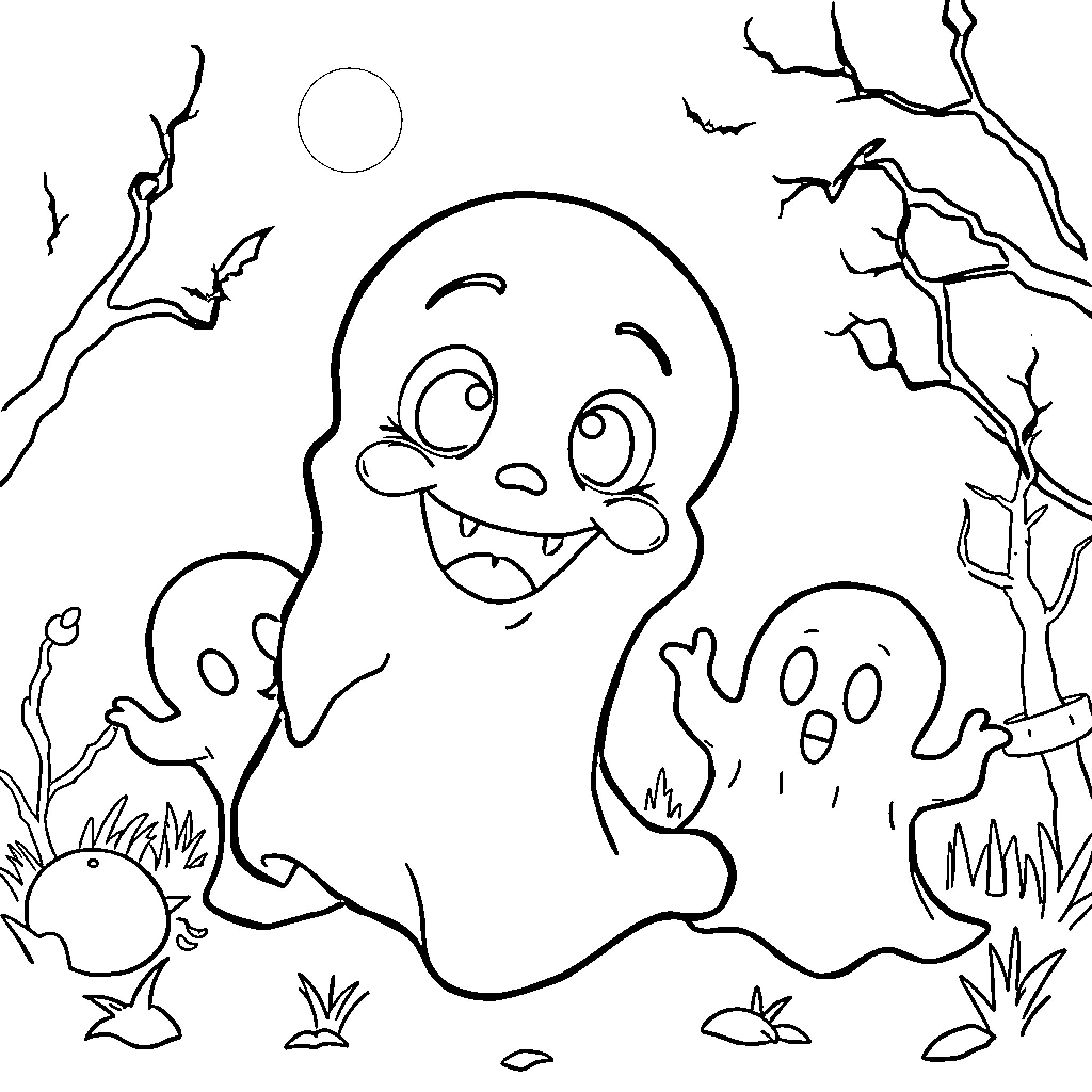 Ghost playing joyfully in the spooky forest Coloring Page (free black-and-white line drawing printable PDF for all, from beginners to advanced learners, including children, teens, adults, and seniors)