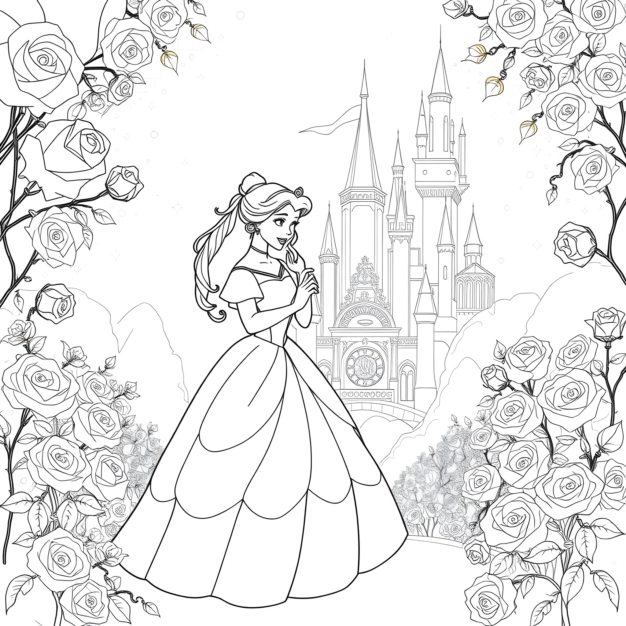 Belle's Enchanted Castle and Rose Garden Coloring Page (free black-and-white line drawing printable PDF for all, from beginners to advanced learners, including children, teens, adults, and seniors)