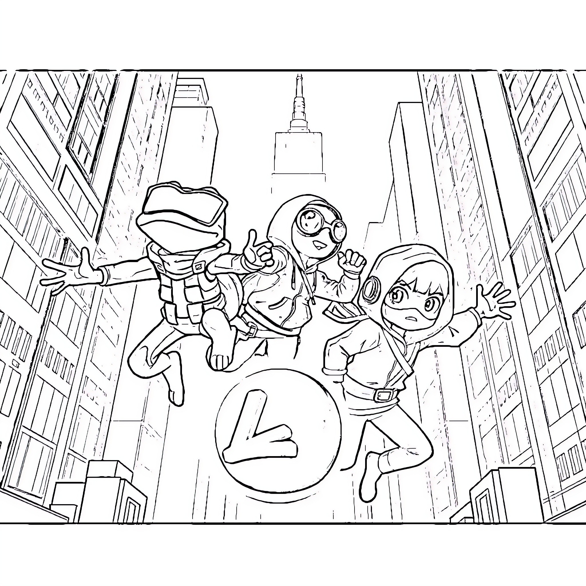 Kotak Characters Explore Animated City Skyline Coloring Page (free black-and-white line drawing printable PDF for all, from beginners to advanced learners, including children, teens, adults, and seniors)