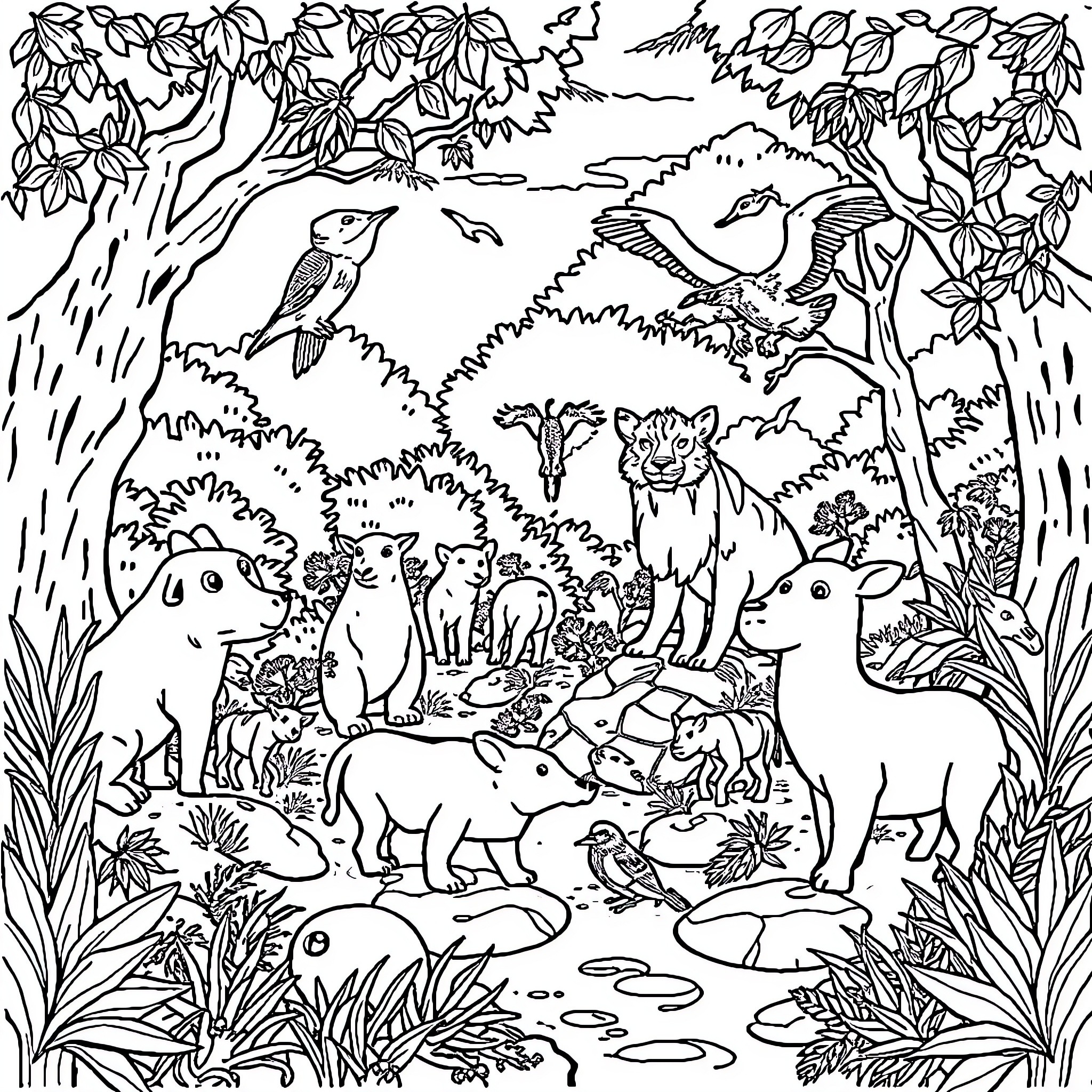 Animal friends in a forest scene Coloring Page (free black-and-white line drawing printable PDF for all, from beginners to advanced learners, including children, teens, adults, and seniors)