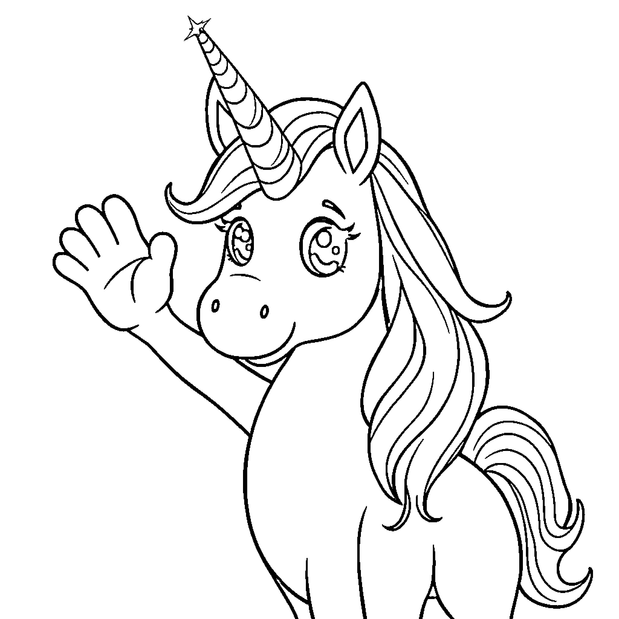 Unicorn Waving Playfully Coloring Page (free black-and-white line drawing printable PDF for all, from beginners to advanced learners, including children, teens, adults, and seniors)
