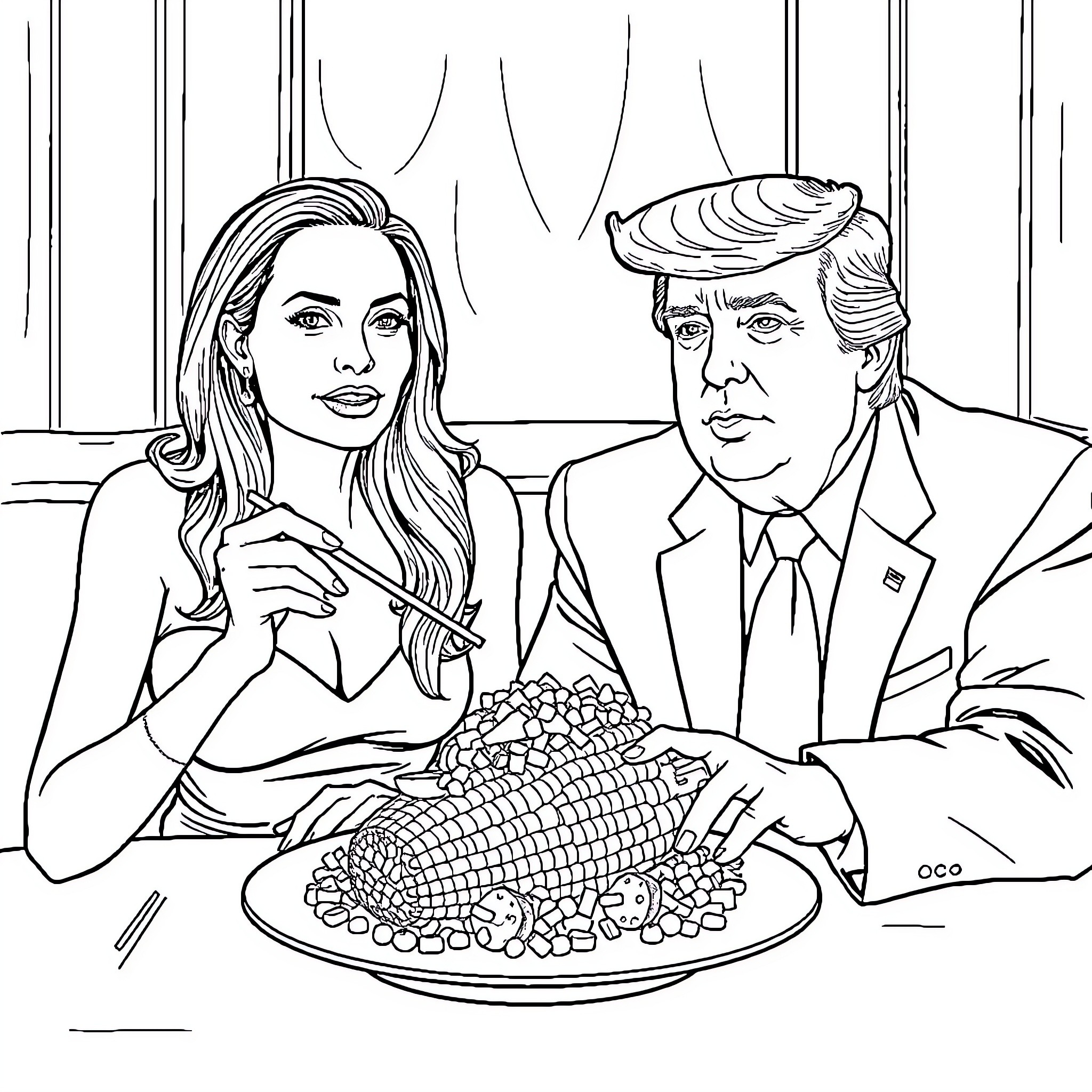 Angelina Jolie and Donald Trump Dining Together Coloring Page (free black-and-white line drawing printable PDF for all, from beginners to advanced learners, including children, teens, adults, and seniors)