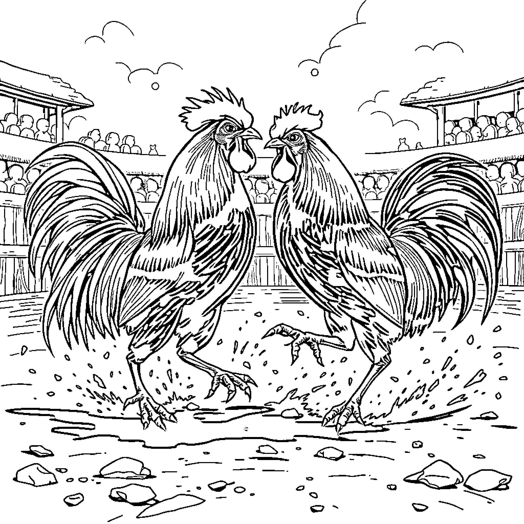 Rooster duo showcasing their majestic feathers Coloring Page (free black-and-white line drawing printable PDF for all, from beginners to advanced learners, including children, teens, adults, and seniors)