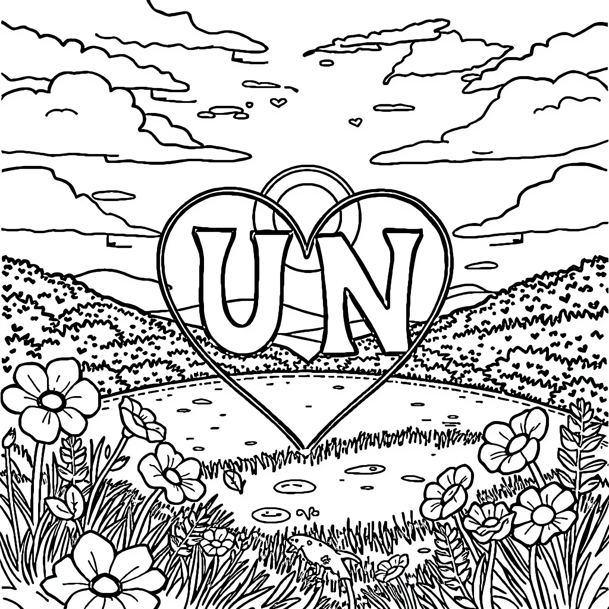 UN Heartful landscape with flowers and sky Coloring Page (free black-and-white line drawing printable PDF for all, from beginners to advanced learners, including children, teens, adults, and seniors)
