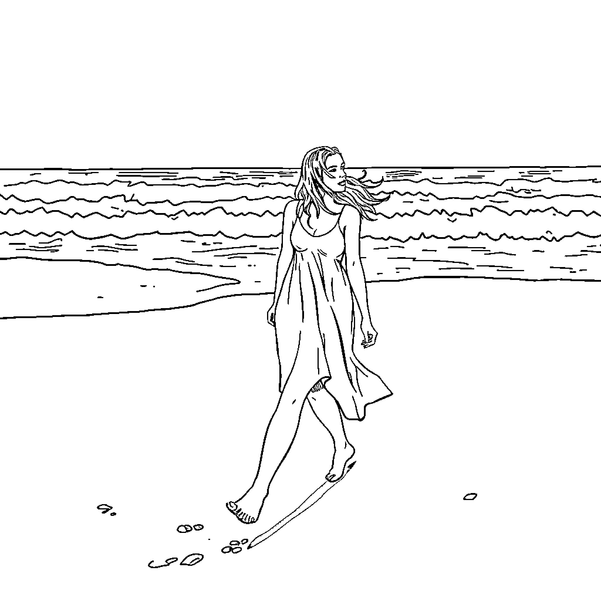 Kasia Szewczuk walking on the beach Coloring Page (free black-and-white line drawing printable PDF for all, from beginners to advanced learners, including children, teens, adults, and seniors)