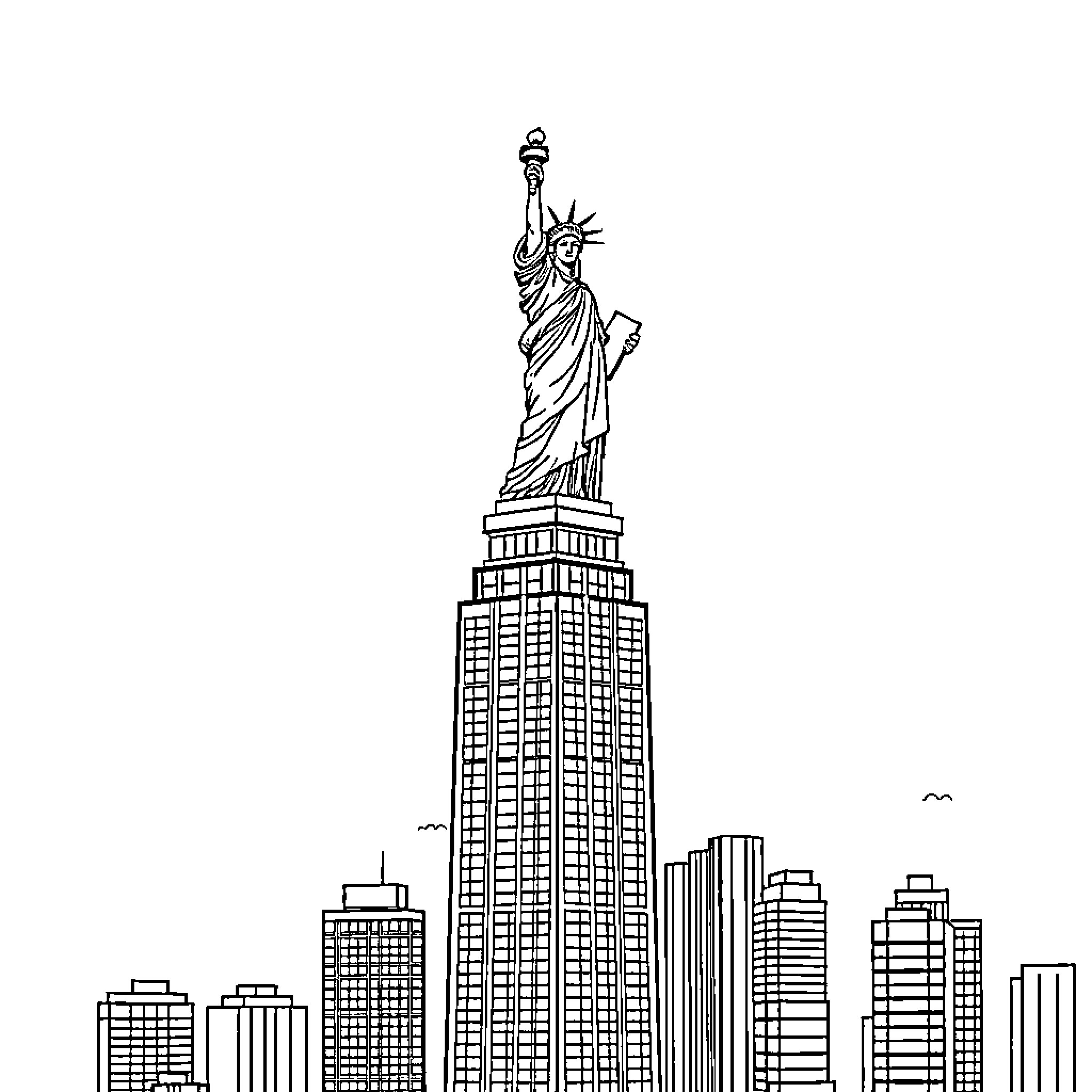 Statue Of Liberty standing tall in cityscape Coloring Page (free black-and-white line drawing printable PDF for all, from beginners to advanced learners, including children, teens, adults, and seniors)