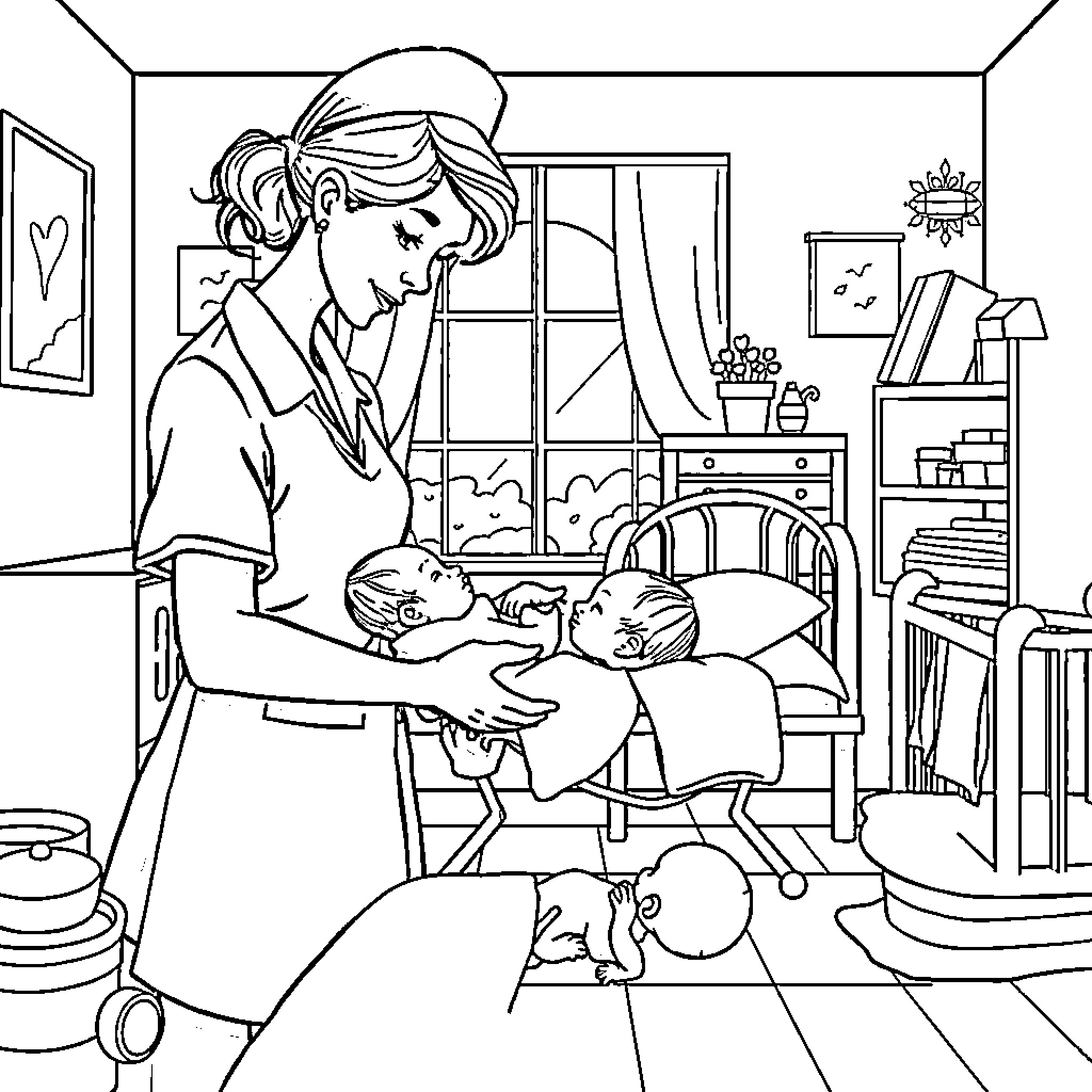 Nurse caring for a patient in a hospital room Coloring Page (free black-and-white line drawing printable PDF for all, from beginners to advanced learners, including children, teens, adults, and seniors)