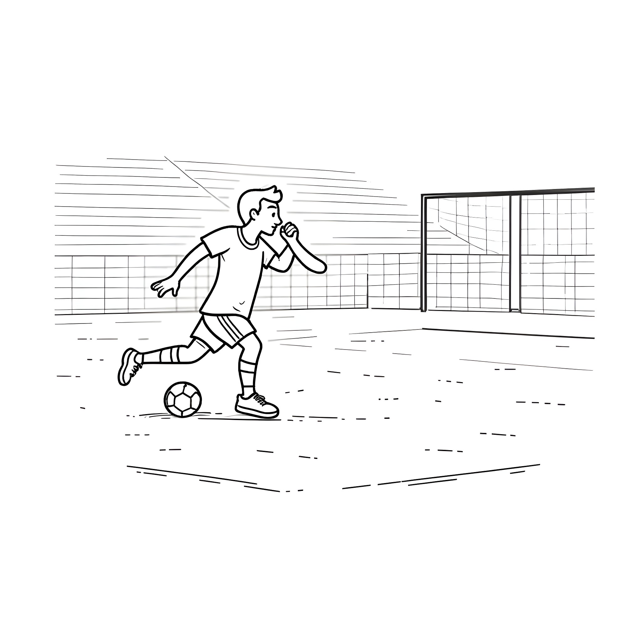 Soccer Player Kicking Ball in Stadium Coloring Page (free black-and-white line drawing printable PDF for all, from beginners to advanced learners, including children, teens, adults, and seniors)