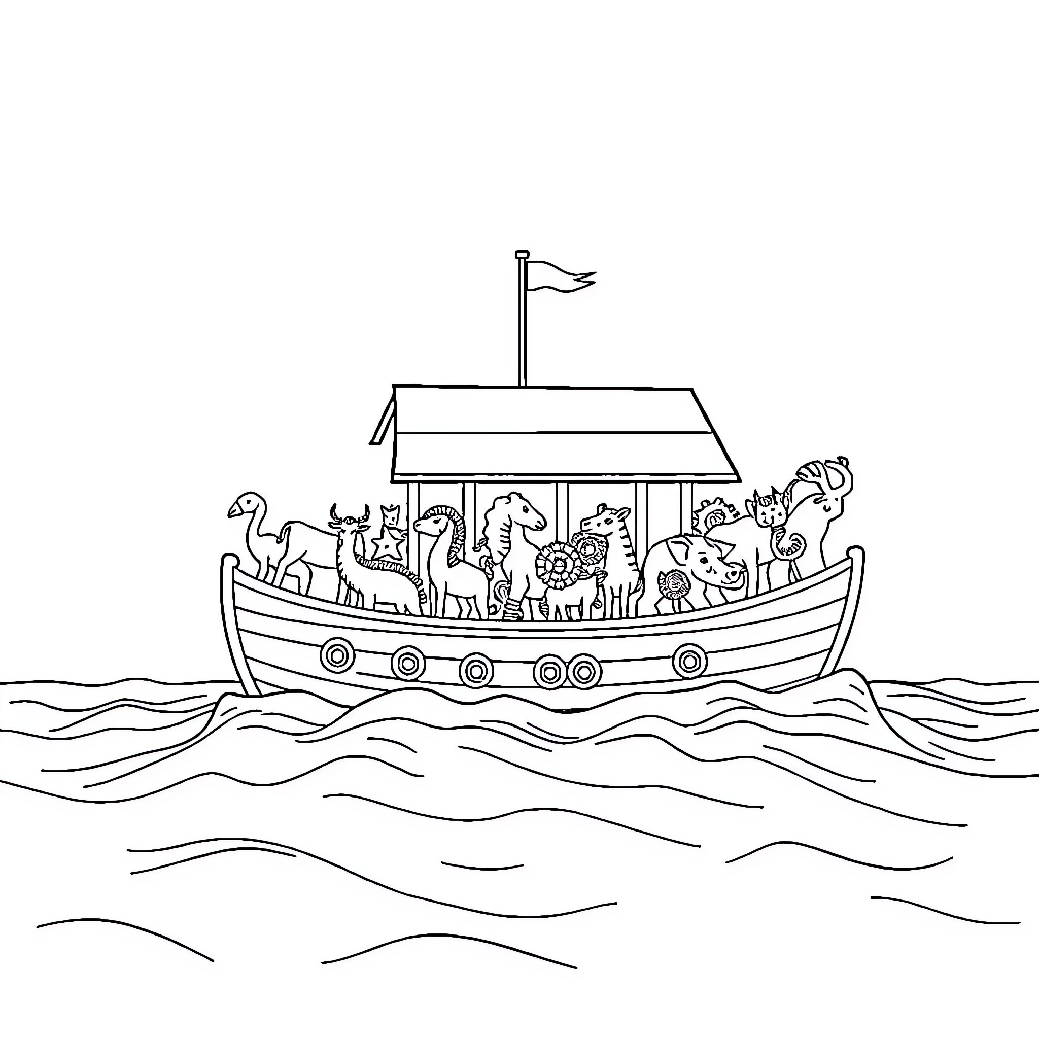 Noah's Ark Carrying Various Animals on the Water Coloring Page (free black-and-white line drawing printable PDF for all, from beginners to advanced learners, including children, teens, adults, and seniors)