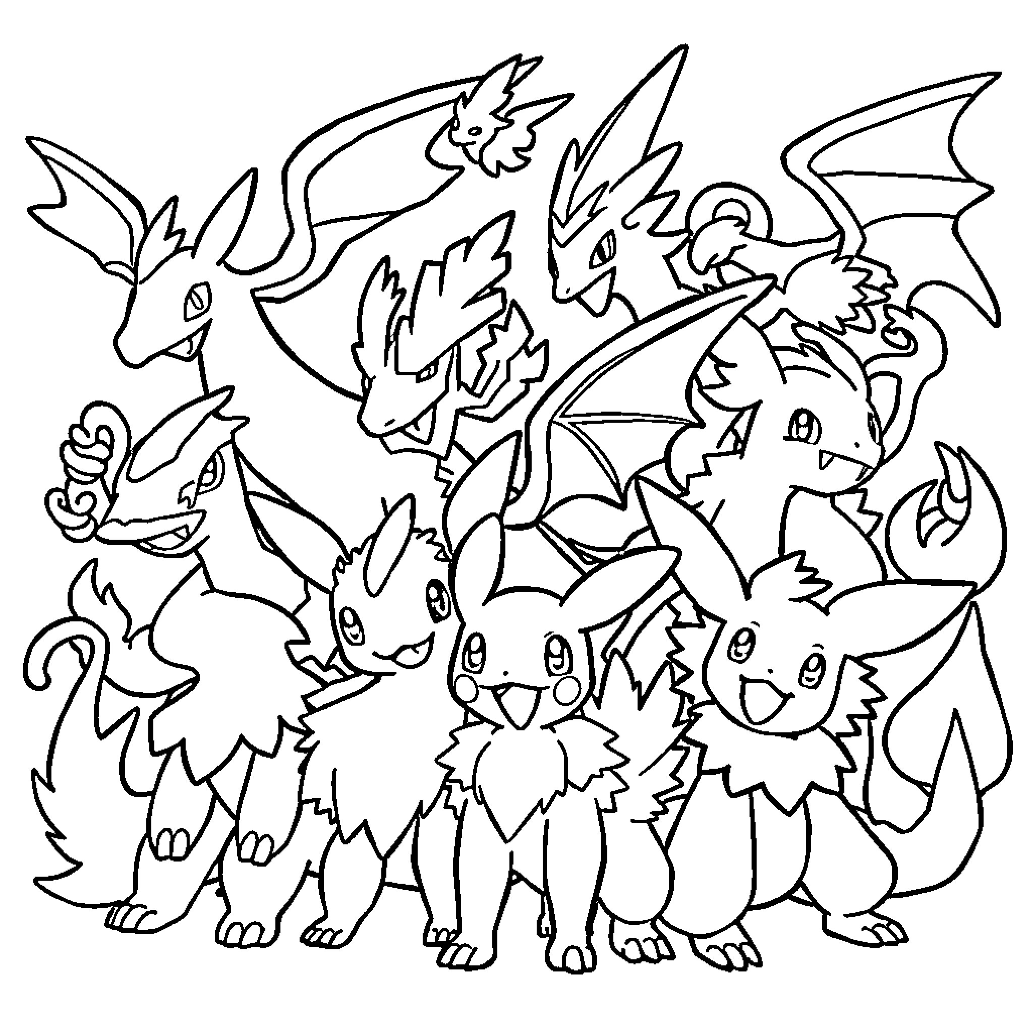 Pokémon characters in action and various poses Coloring Page (free black-and-white line drawing printable PDF for all, from beginners to advanced learners, including children, teens, adults, and seniors)