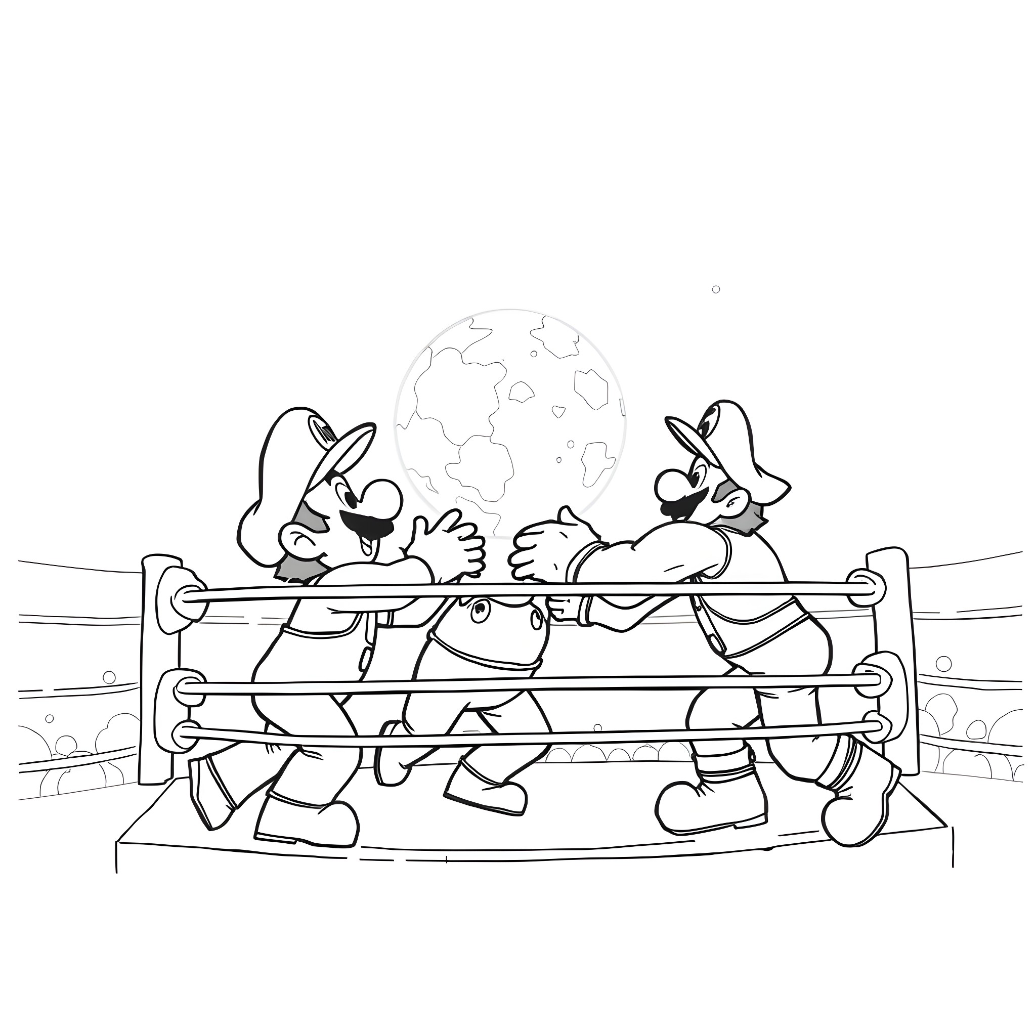 Mario and Friend in Wrestling Match Coloring Page (free black-and-white line drawing printable PDF for all, from beginners to advanced learners, including children, teens, adults, and seniors)