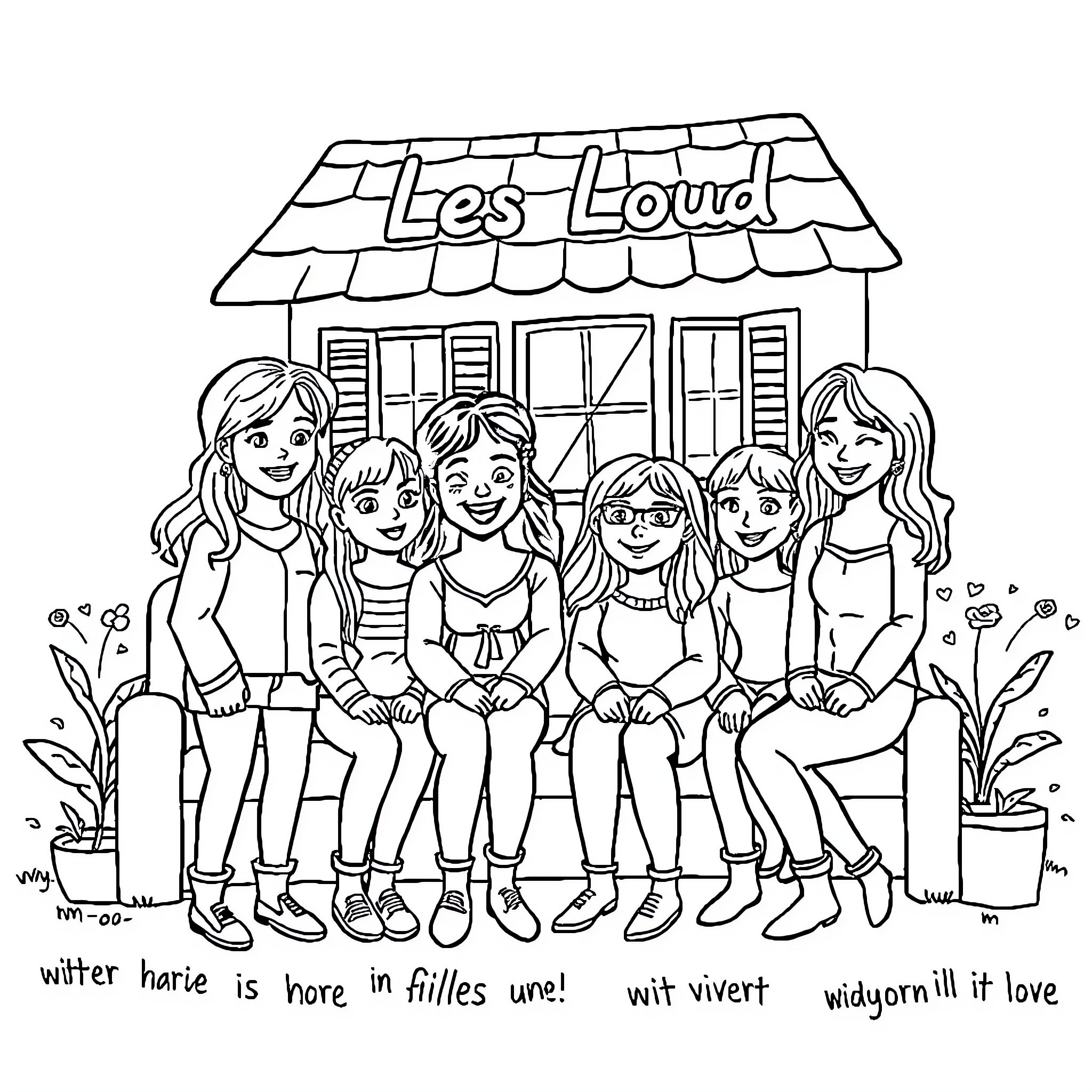 Loud Group Gathered Outside Building Coloring Page (free black-and-white line drawing printable PDF for all, from beginners to advanced learners, including children, teens, adults, and seniors)