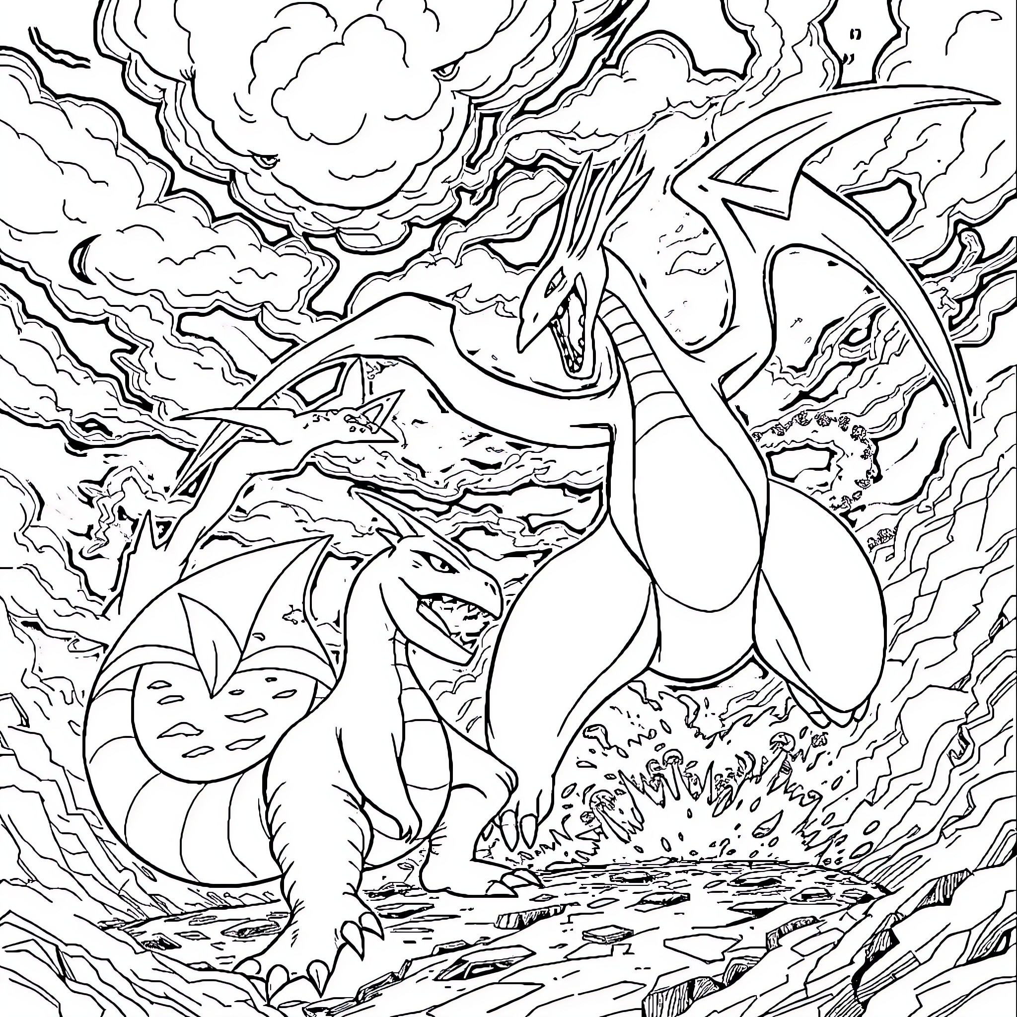 Rayquaza Unleashing Powerful Abilities in Dramatic Scene Coloring Page (free black-and-white line drawing printable PDF for all, from beginners to advanced learners, including children, teens, adults, and seniors)