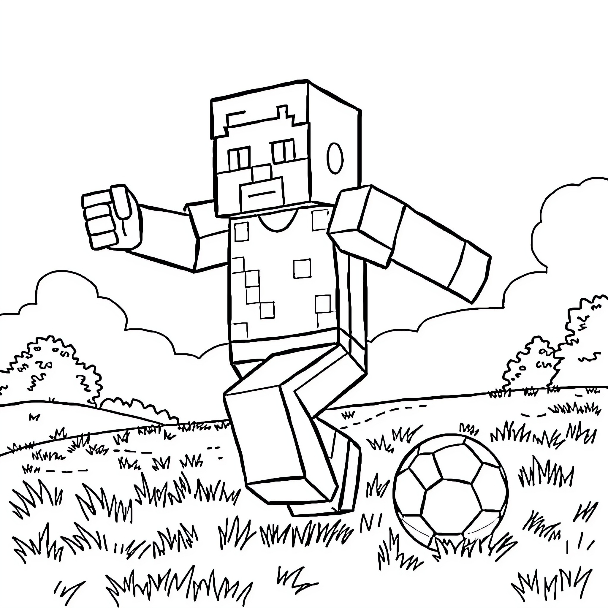 Minecraft Character Playing with Soccer Ball in Field Coloring Page (free black-and-white line drawing printable PDF for all, from beginners to advanced learners, including children, teens, adults, and seniors)