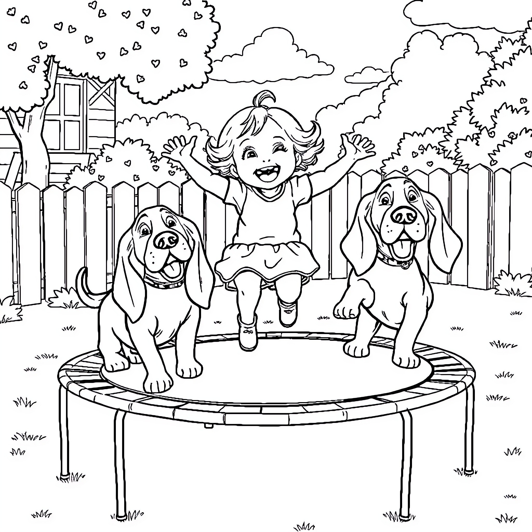 Basset Hounds playing with a young girl on a trampoline Coloring Page (free black-and-white line drawing printable PDF for all, from beginners to advanced learners, including children, teens, adults, and seniors)
