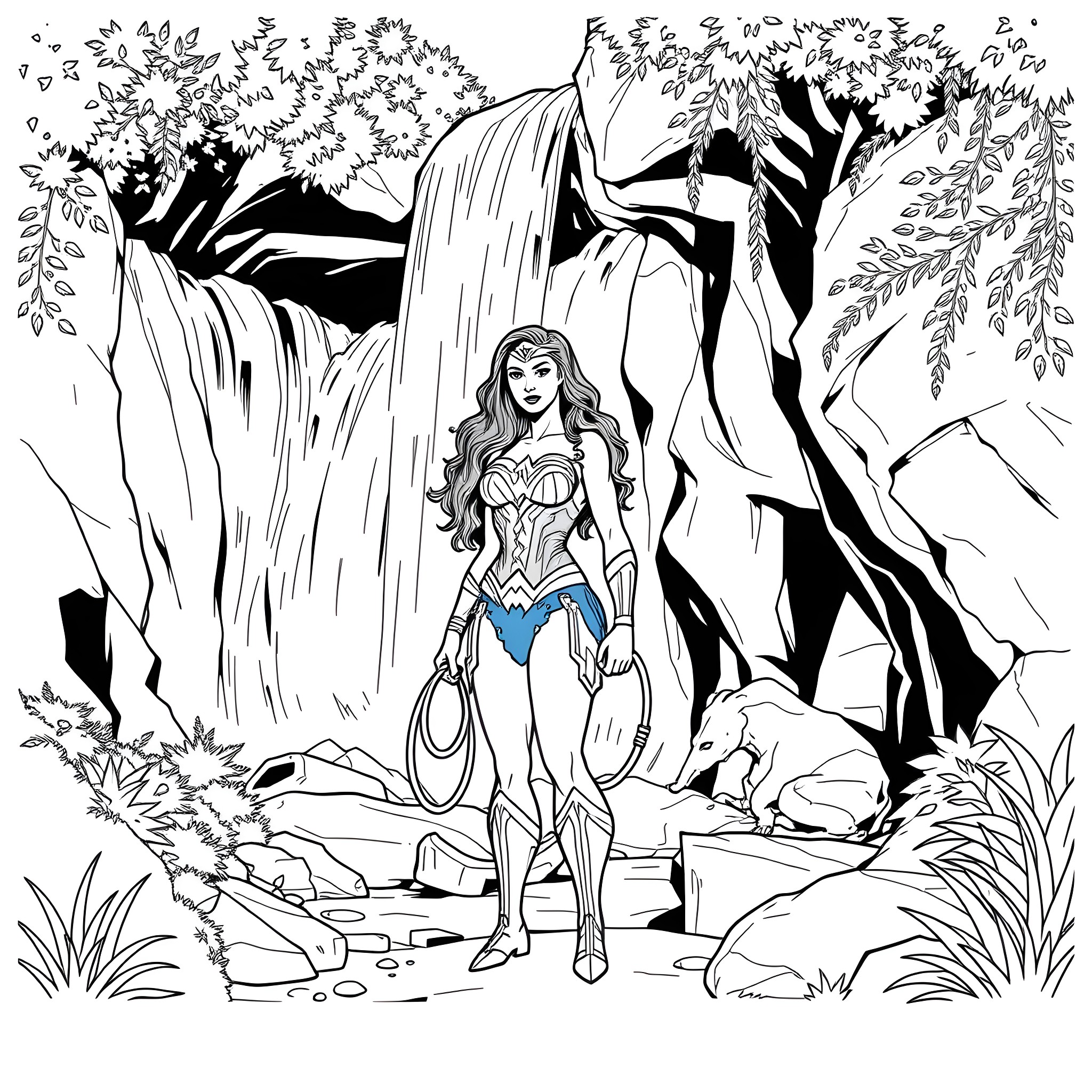 Wonder Woman standing strong in a serene forest landscape Coloring Page (free black-and-white line drawing printable PDF for all, from beginners to advanced learners, including children, teens, adults, and seniors)