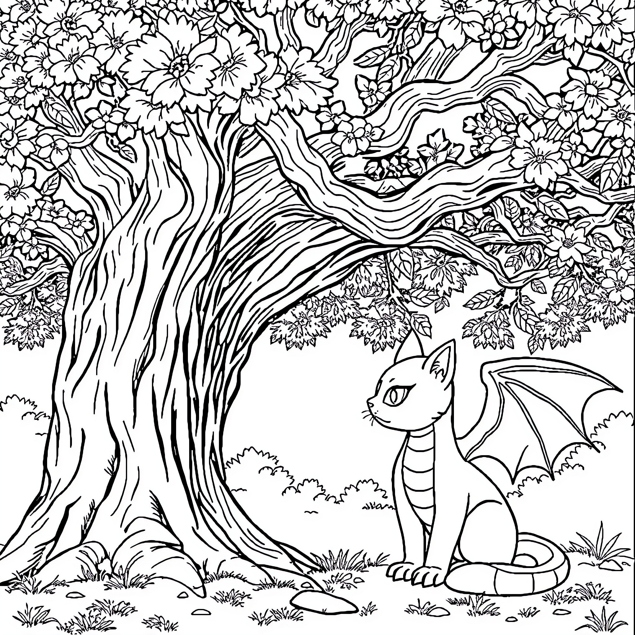 Cat Dragon in Magical Floral Forest Coloring Page (free black-and-white line drawing printable PDF for all, from beginners to advanced learners, including children, teens, adults, and seniors)