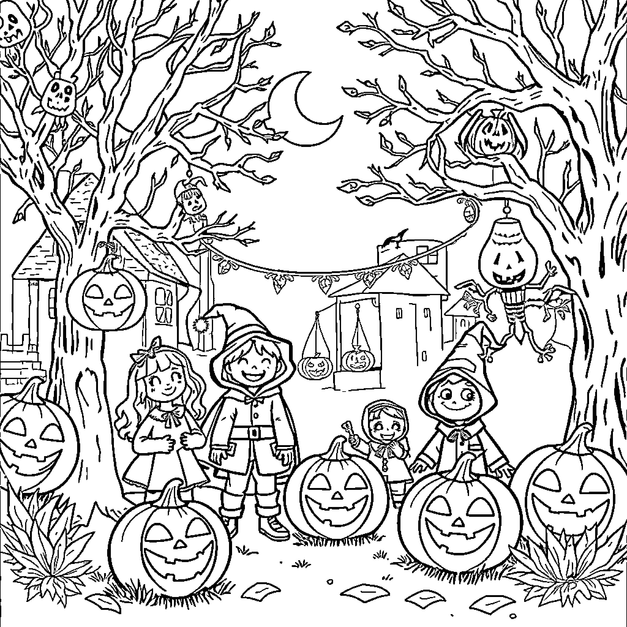 Halloween Night in the Enchanted Forest Coloring Page (free black-and-white line drawing printable PDF for all, from beginners to advanced learners, including children, teens, adults, and seniors)