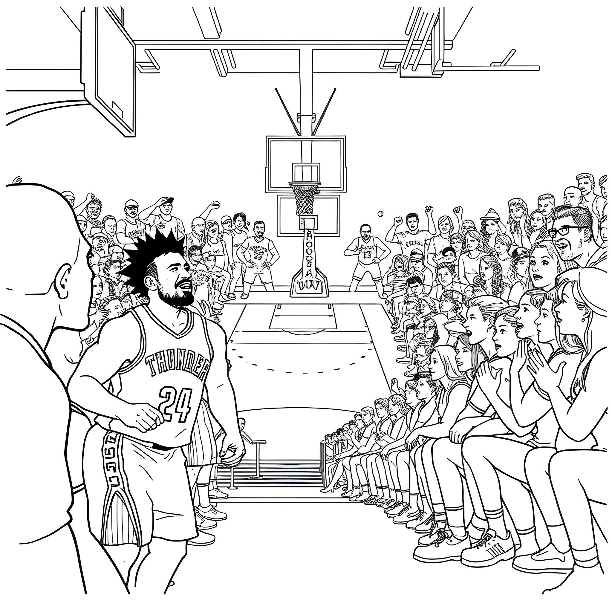 Oklahoma City Thunder Basketball Team Players in Action Coloring Page (free black-and-white line drawing printable PDF for all, from beginners to advanced learners, including children, teens, adults, and seniors)