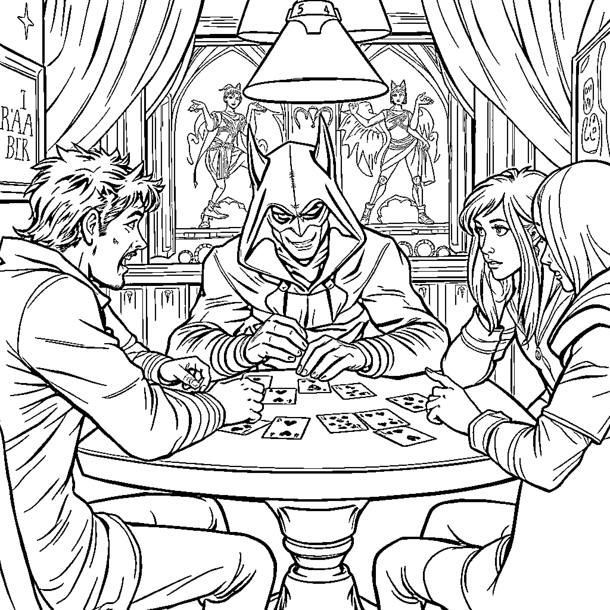 Red Hood's Mysterious Encounter at the Gambling Table Coloring Page (free black-and-white line drawing printable PDF for all, from beginners to advanced learners, including children, teens, adults, and seniors)