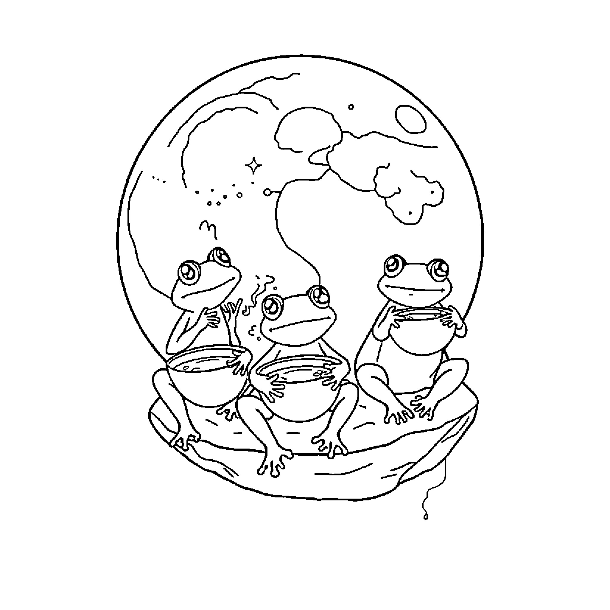 Frogs enjoying a peaceful night under the moon Coloring Page (free black-and-white line drawing printable PDF for all, from beginners to advanced learners, including children, teens, adults, and seniors)