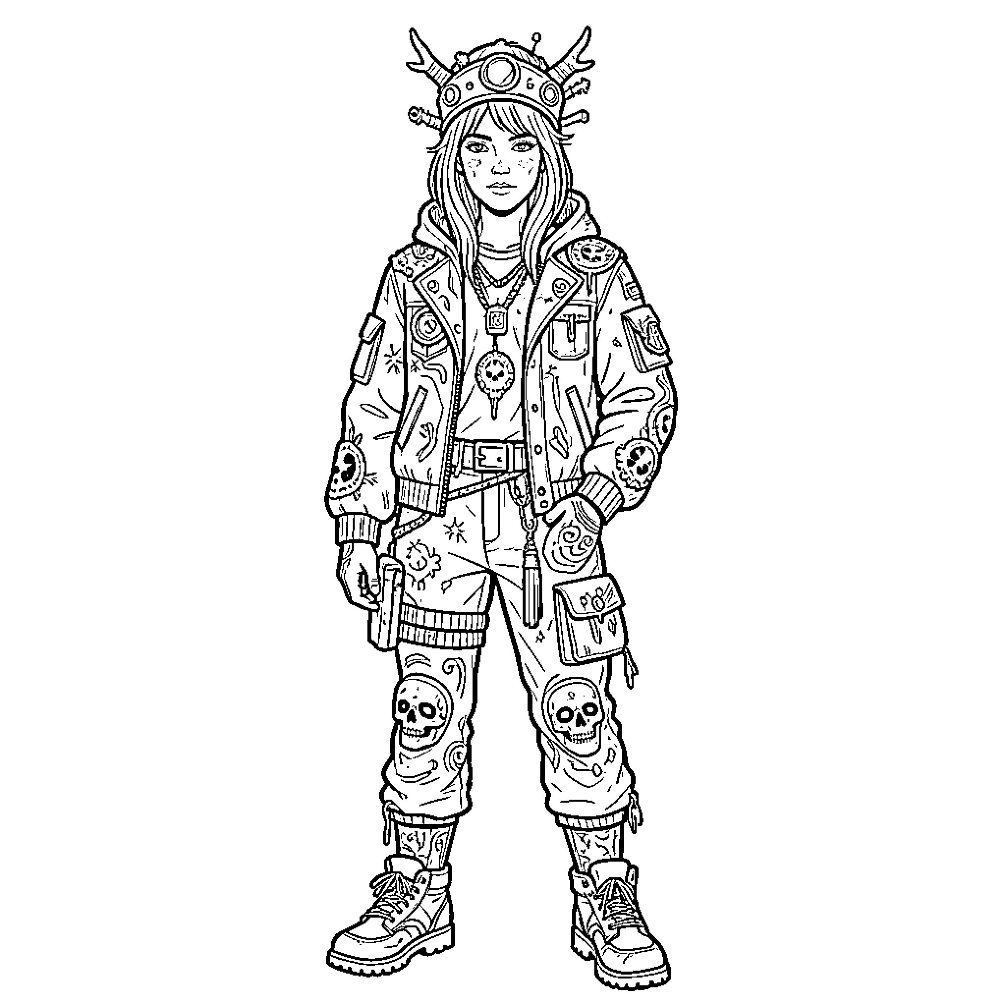 Person wearing decorated streetwear and a unique crown Coloring Page (free black-and-white line drawing printable PDF for all, from beginners to advanced learners, including children, teens, adults, and seniors)