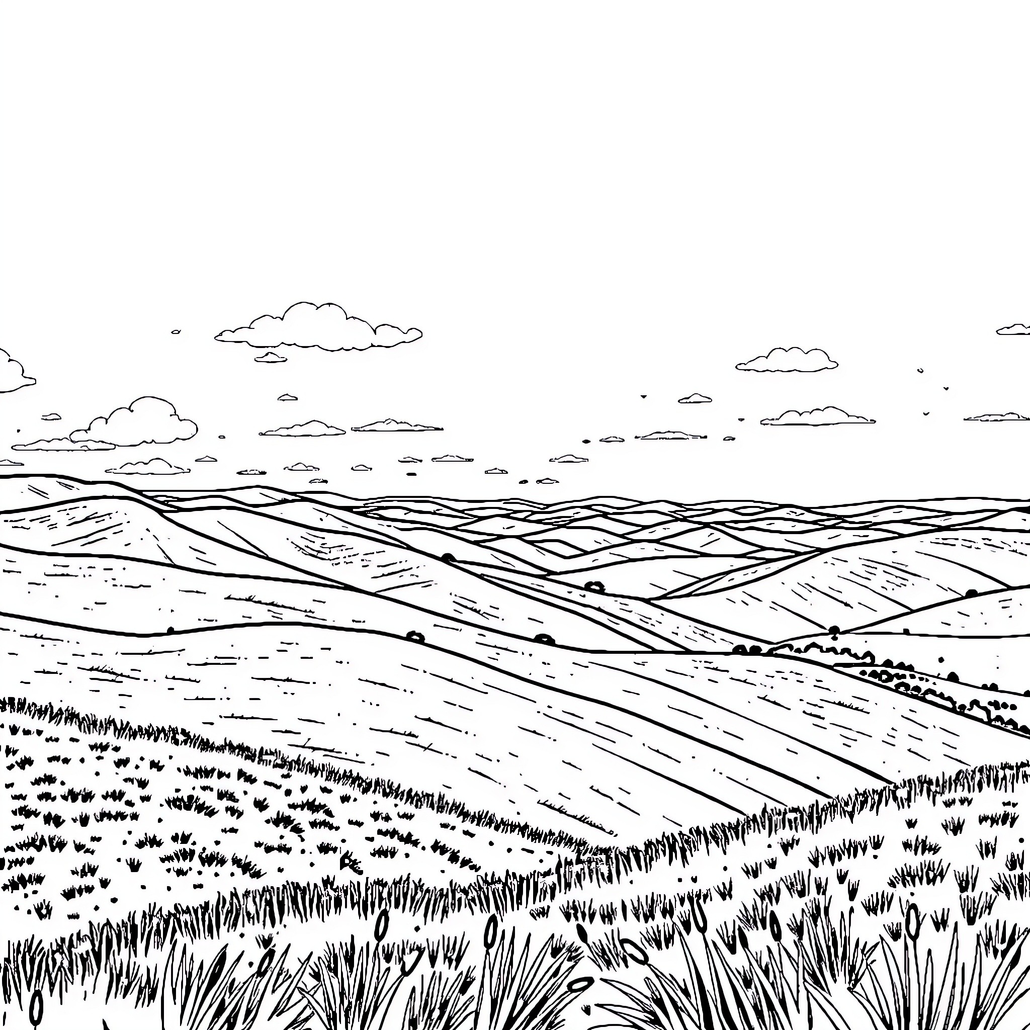 Scenery of a tranquil countryside landscape Coloring Page (free black-and-white line drawing printable PDF for all, from beginners to advanced learners, including children, teens, adults, and seniors)
