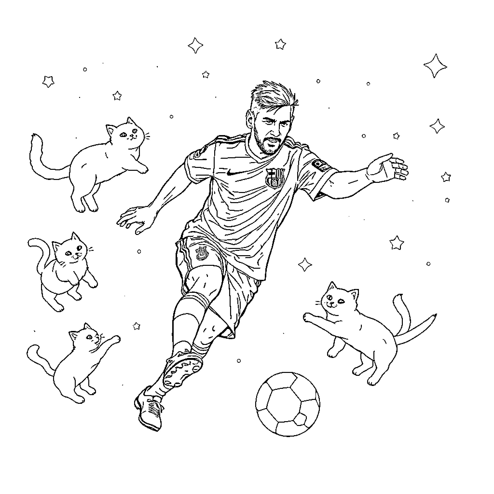 Lionel Messi playing soccer with playful kittens Coloring Page (free black-and-white line drawing printable PDF for all, from beginners to advanced learners, including children, teens, adults, and seniors)