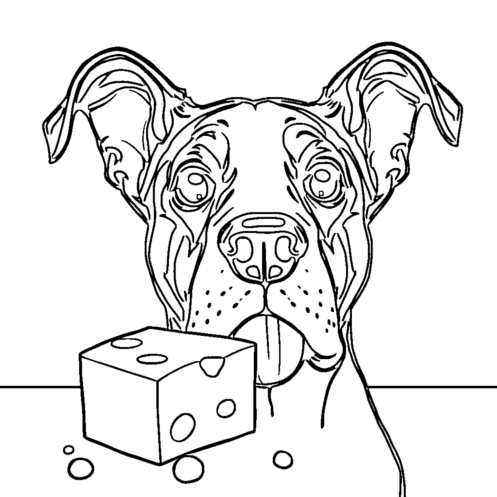 St. Dane playing with a toy cube Coloring Page (free black-and-white line drawing printable PDF for all, from beginners to advanced learners, including children, teens, adults, and seniors)