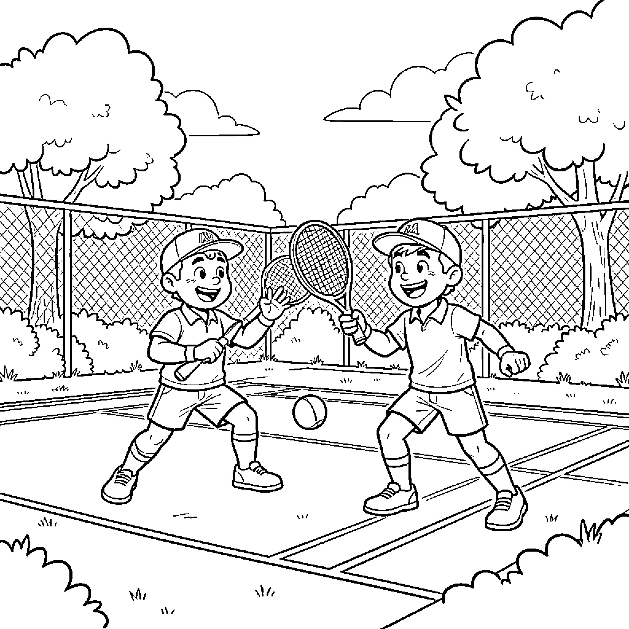 Paw Patrol characters playing a tennis match outdoors Coloring Page (free black-and-white line drawing printable PDF for all, from beginners to advanced learners, including children, teens, adults, and seniors)