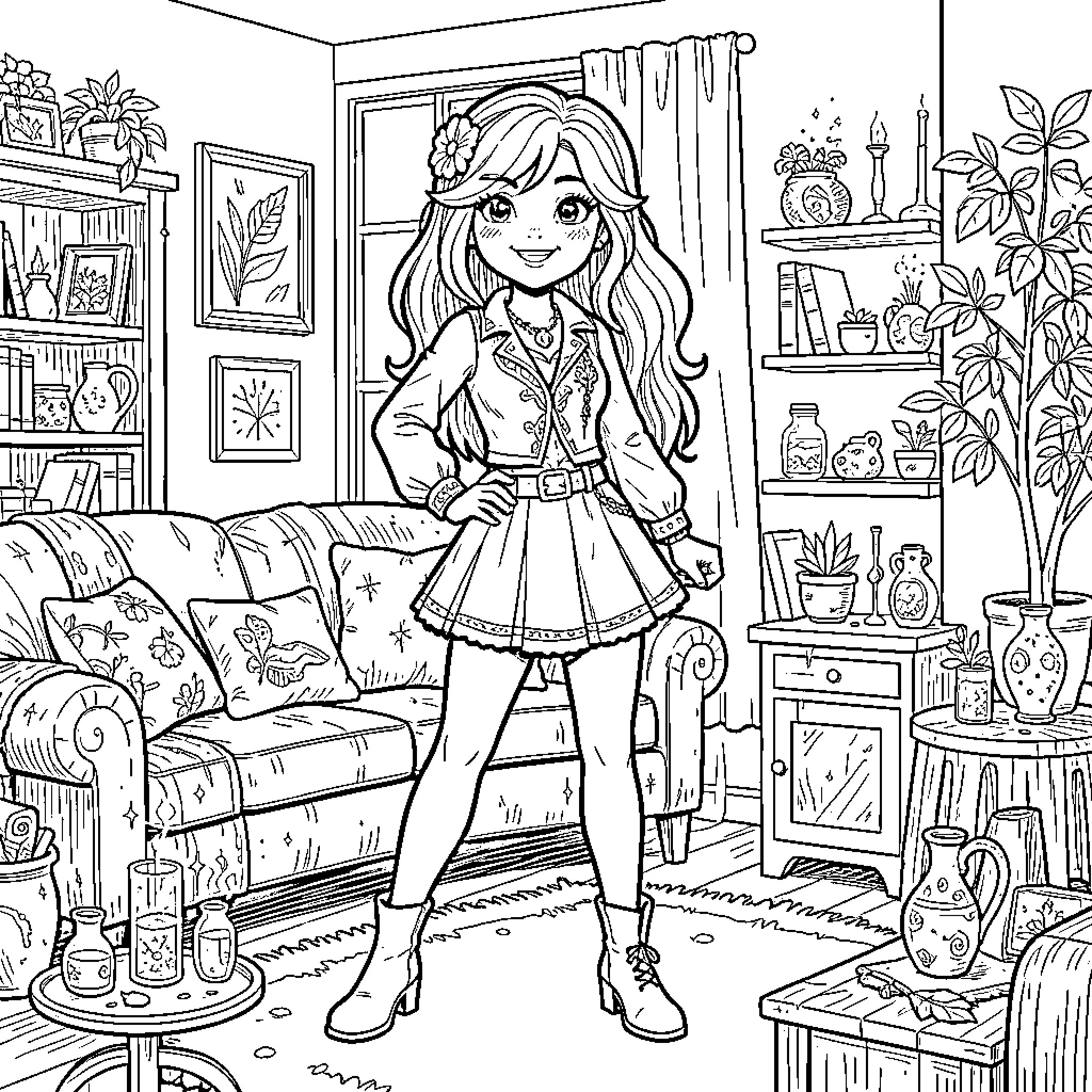 Phoebe posing confidently in a stylish living room Coloring Page (free black-and-white line drawing printable PDF for all, from beginners to advanced learners, including children, teens, adults, and seniors)