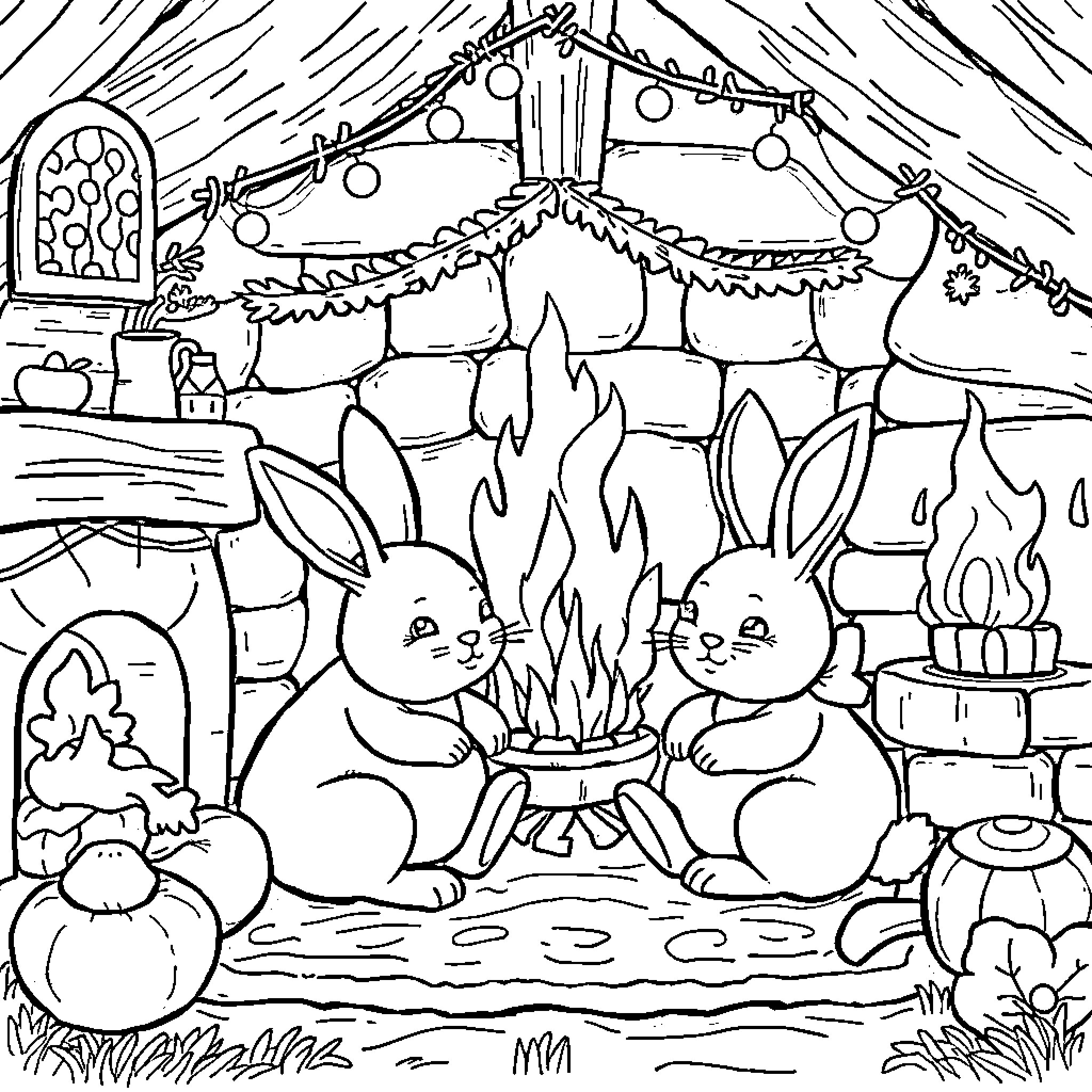 Bunnies Warming Themselves by the Cozy Fireplace Coloring Page (free black-and-white line drawing printable PDF for all, from beginners to advanced learners, including children, teens, adults, and seniors)