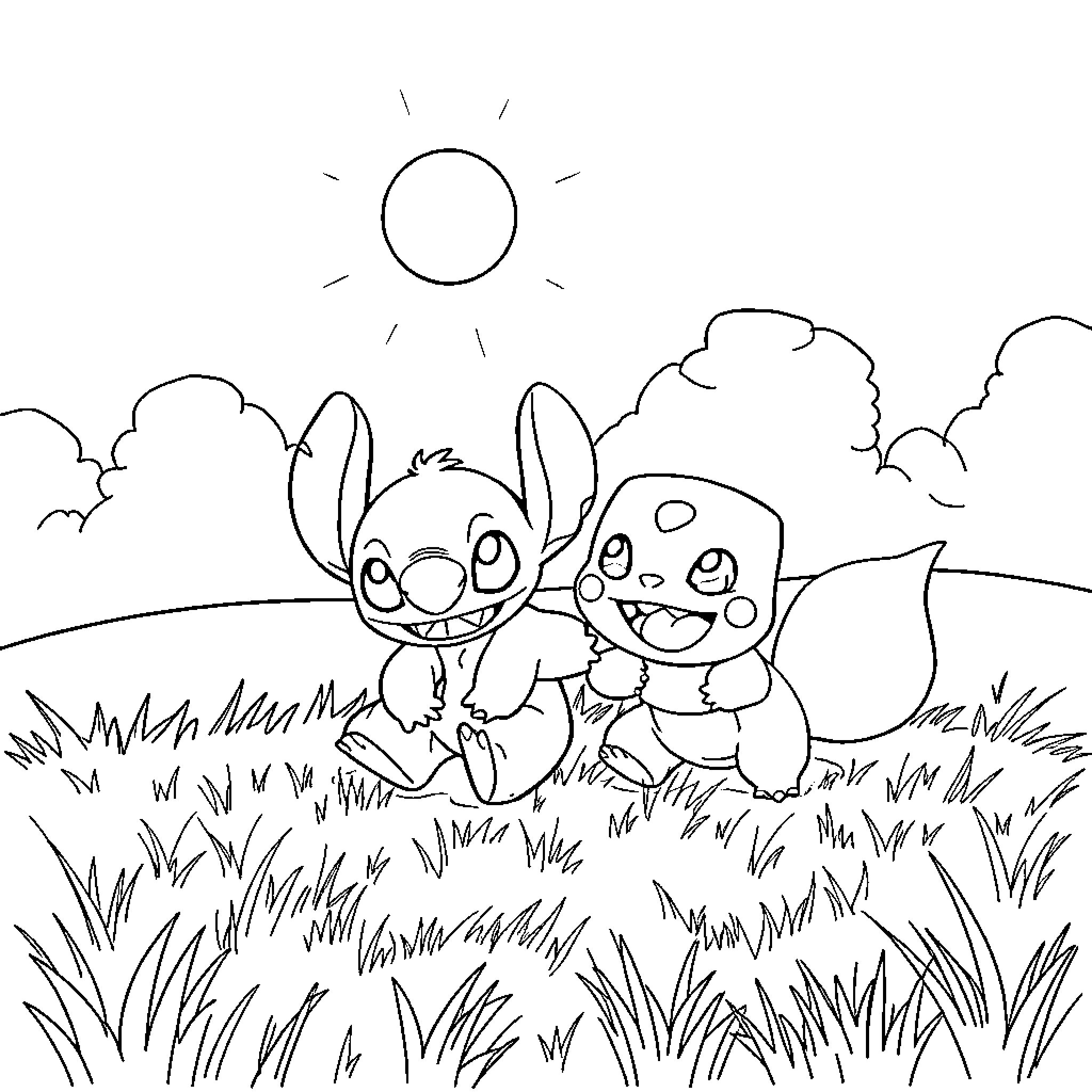 Stitch and friend playing joyfully in the field Coloring Page (free black-and-white line drawing printable PDF for all, from beginners to advanced learners, including children, teens, adults, and seniors)