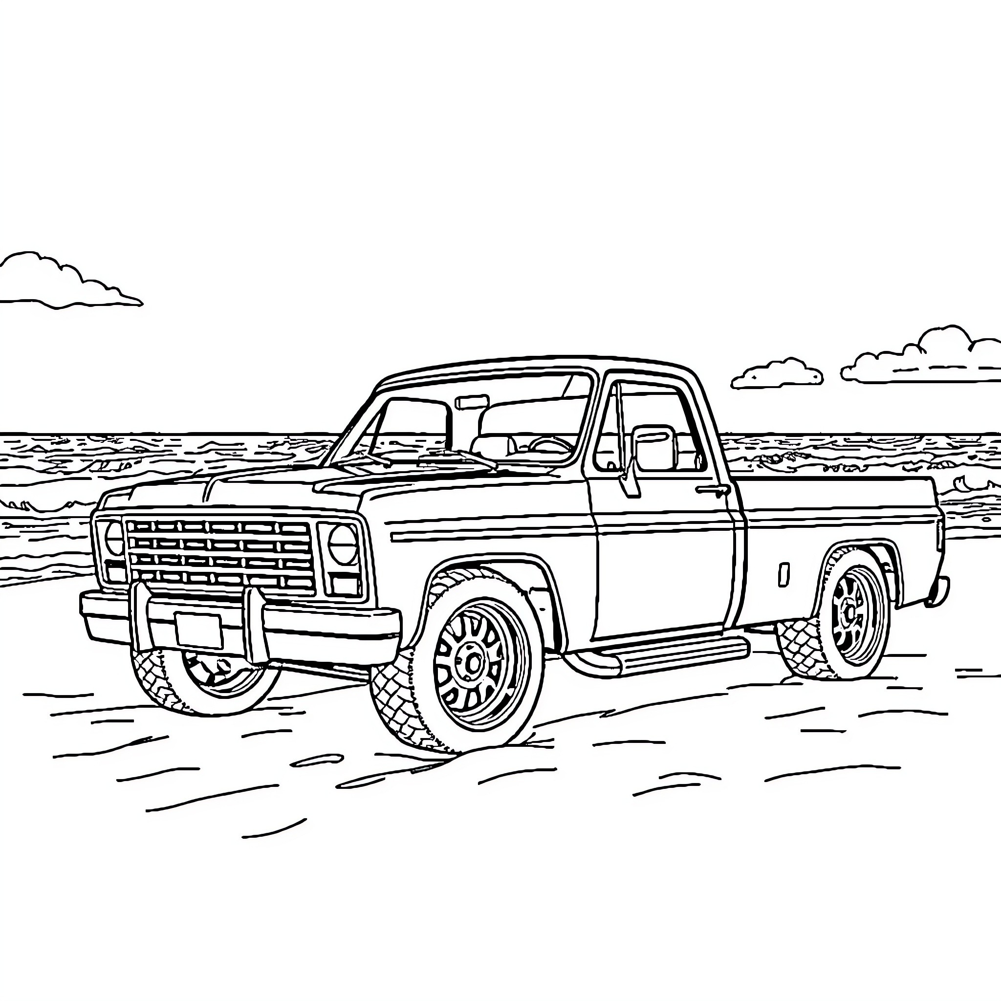 Truck driving on rough terrain Coloring Page (free black-and-white line drawing printable PDF for all, from beginners to advanced learners, including children, teens, adults, and seniors)