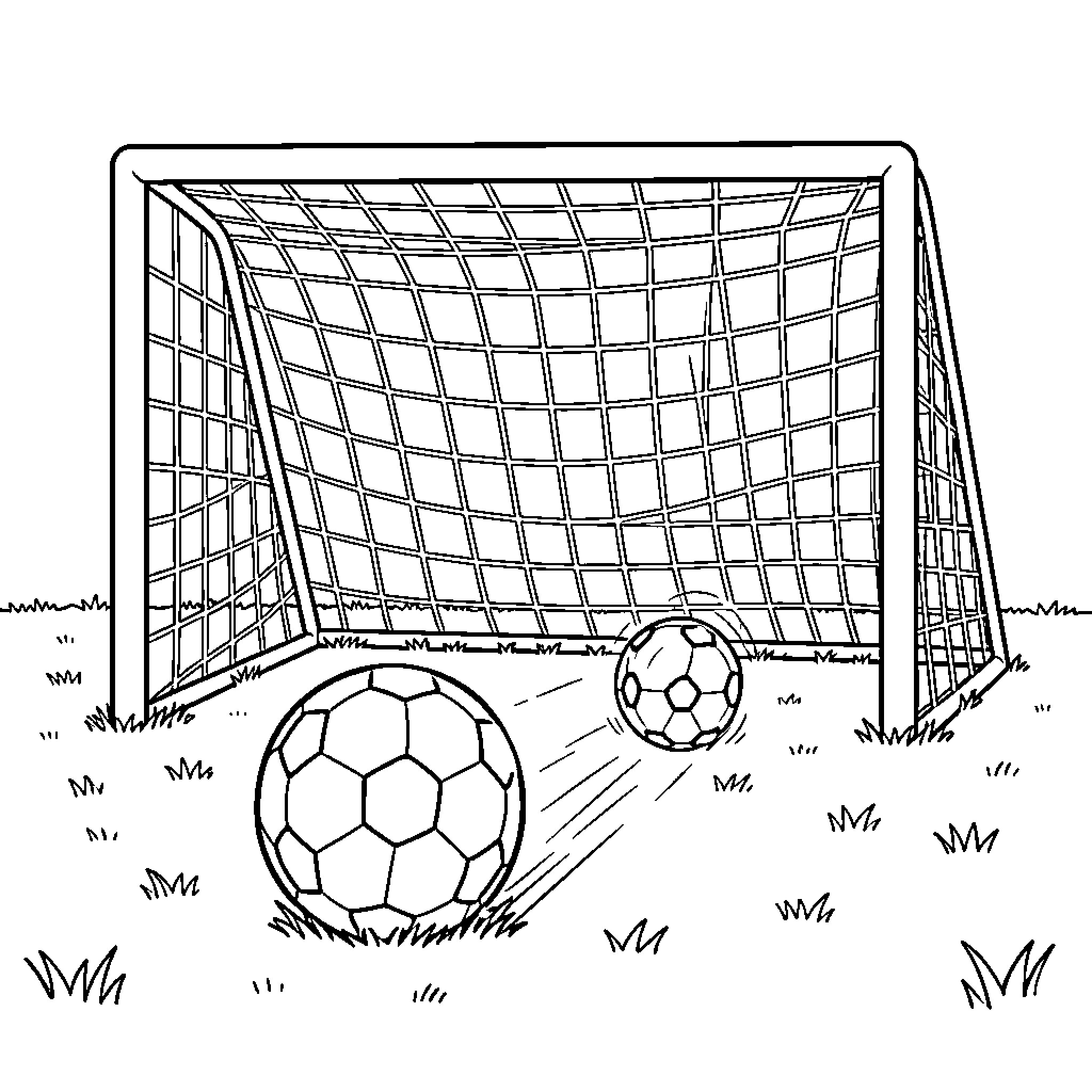 Soccer Ball rolling towards the goal net on grass Coloring Page (free black-and-white line drawing printable PDF for all, from beginners to advanced learners, including children, teens, adults, and seniors)