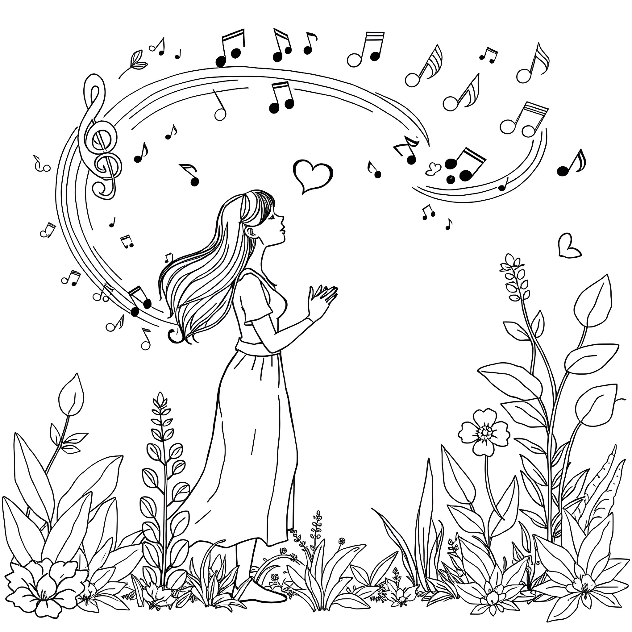 Marijuana-themed Musical Garden with Woman Enjoying the Melody Coloring Page (free black-and-white line drawing printable PDF for all, from beginners to advanced learners, including children, teens, adults, and seniors)