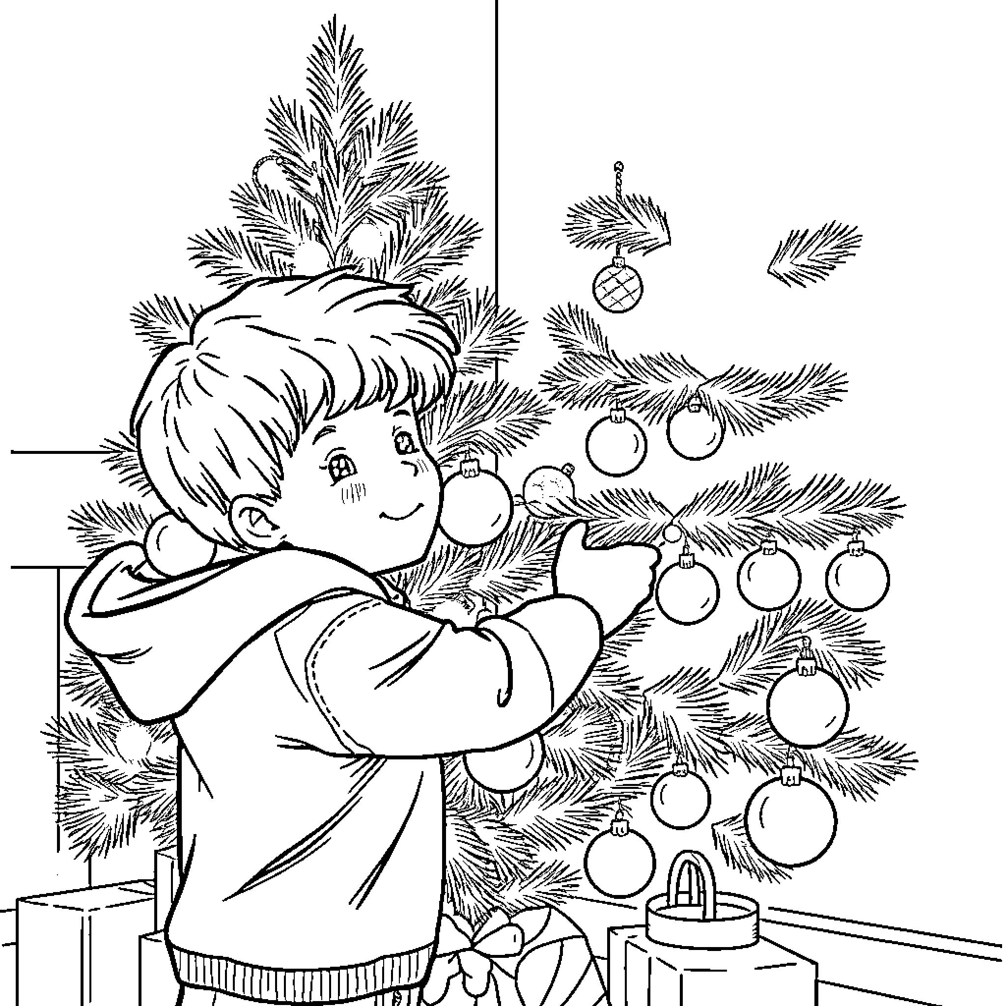 Boy Decorating Christmas Tree with Ornaments Coloring Page (free black-and-white line drawing printable PDF for all, from beginners to advanced learners, including children, teens, adults, and seniors)
