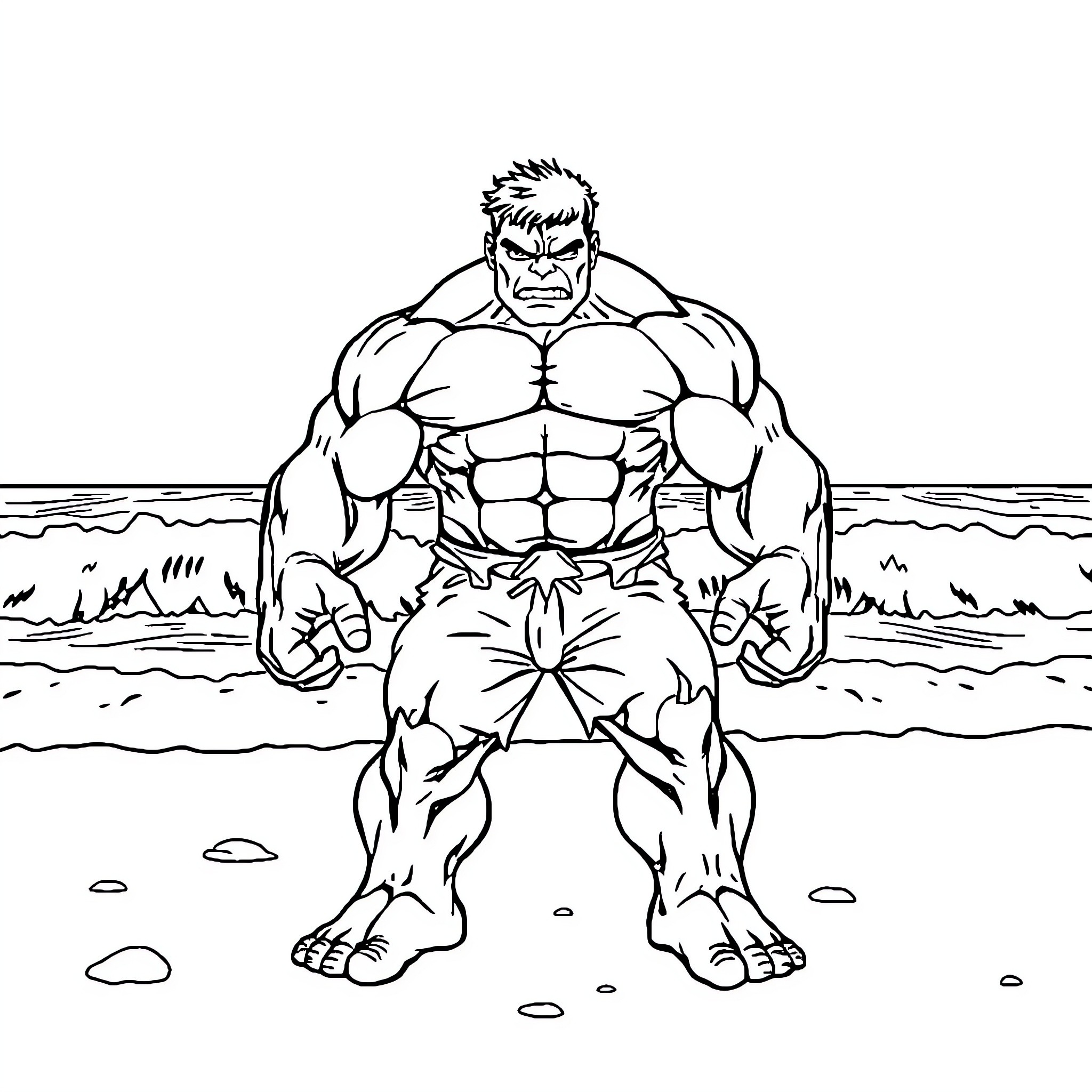 Hulk flexing his muscles in the outdoors Coloring Page (free black-and-white line drawing printable PDF for all, from beginners to advanced learners, including children, teens, adults, and seniors)