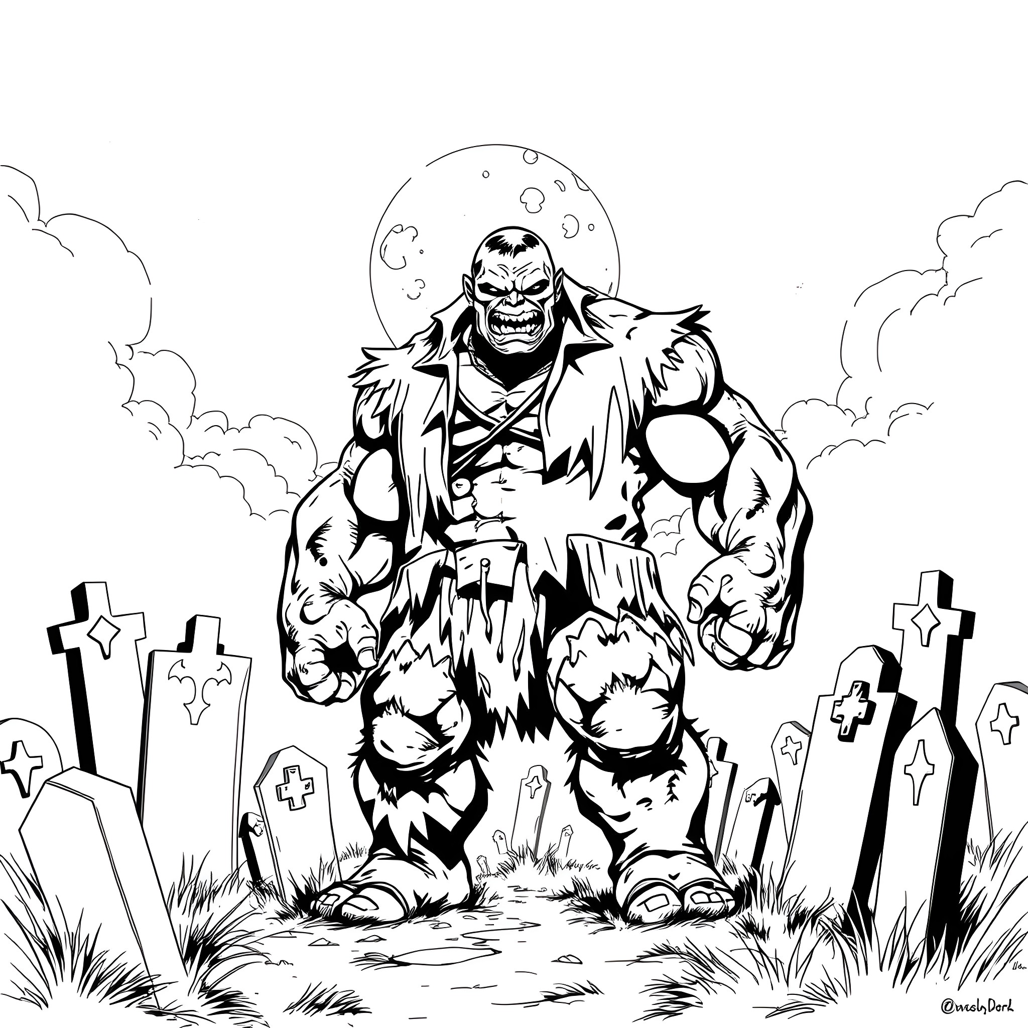 Skulk of the Undead Behemoth in the Graveyard Coloring Page (free black-and-white line drawing printable PDF for all, from beginners to advanced learners, including children, teens, adults, and seniors)